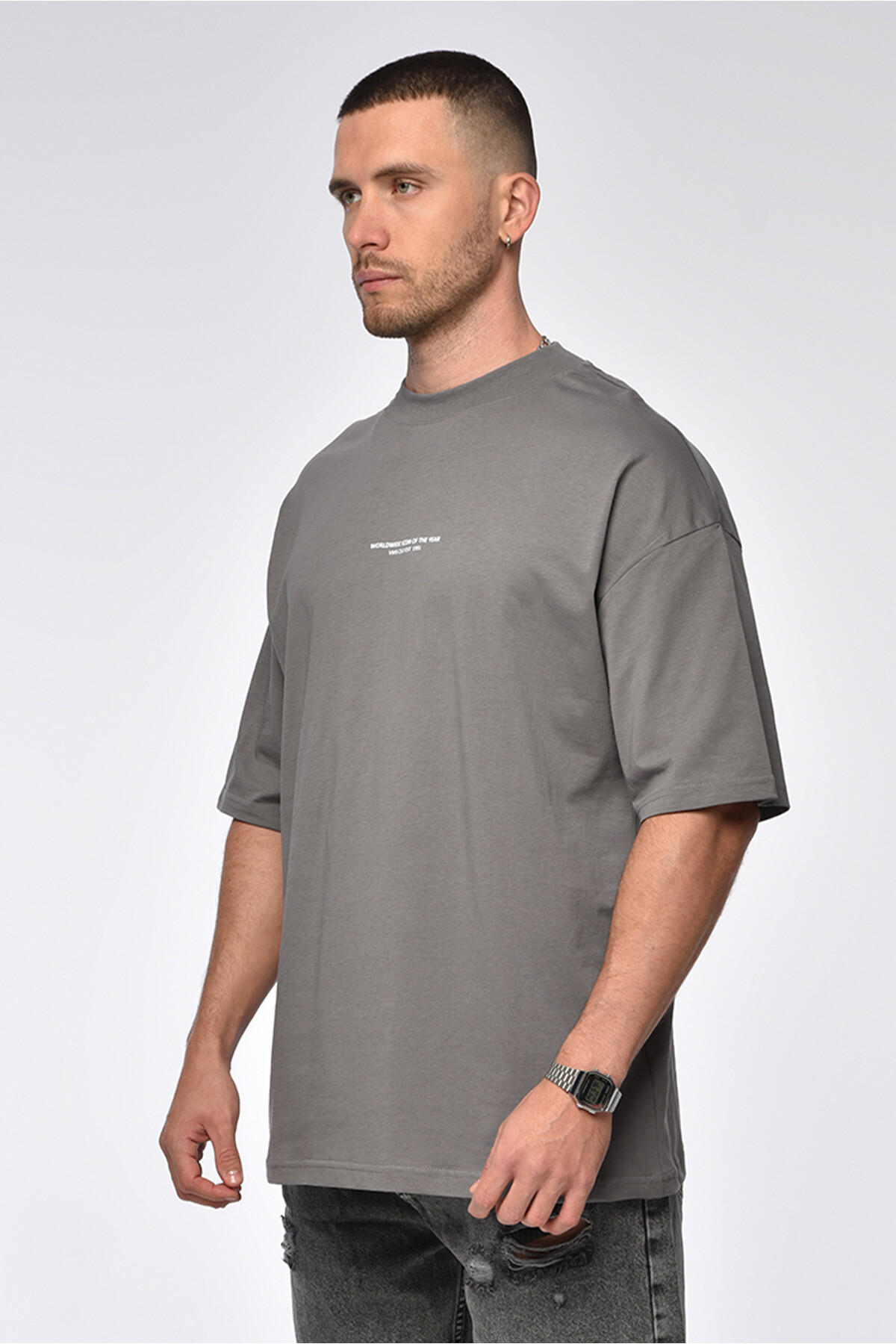 Koyu Füme Yazı Detaylı Ovesize T-Shirt