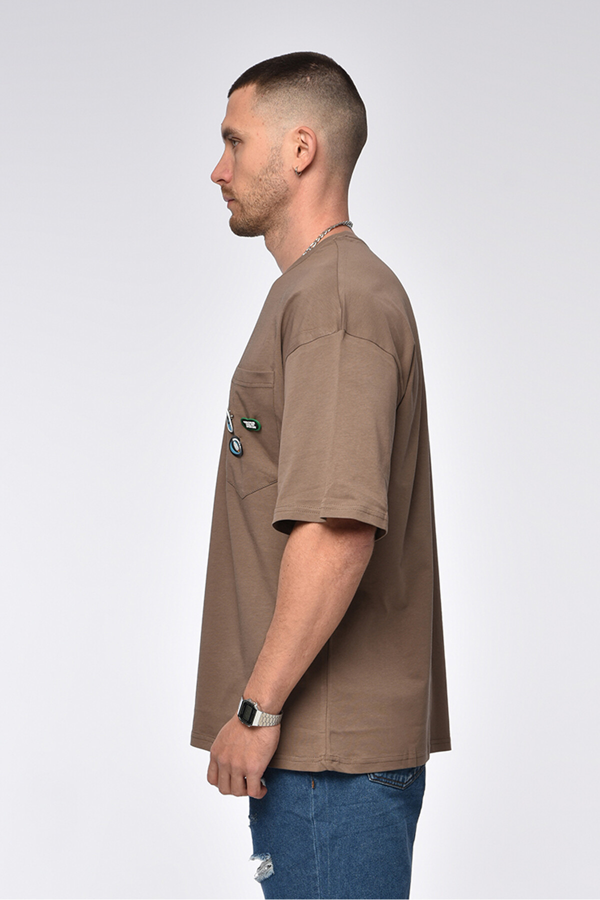 Koyu Vizon Cep Detaylı Oversize T-Shirt