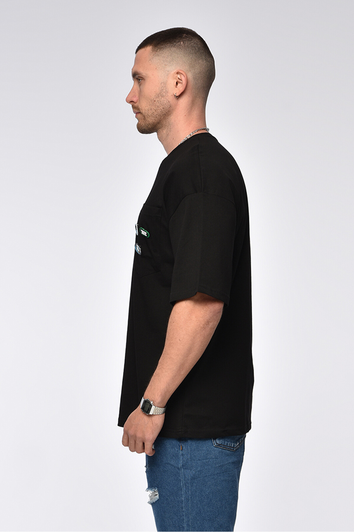 Siyah Cep Detaylı Oversize T-Shirt