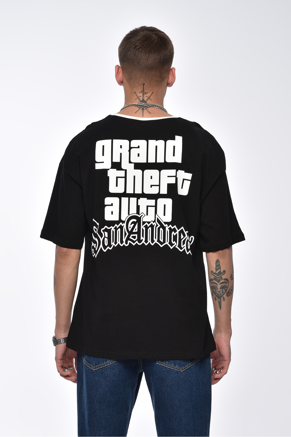Siyah San Andreas Baskılı Oversize T-Shirt