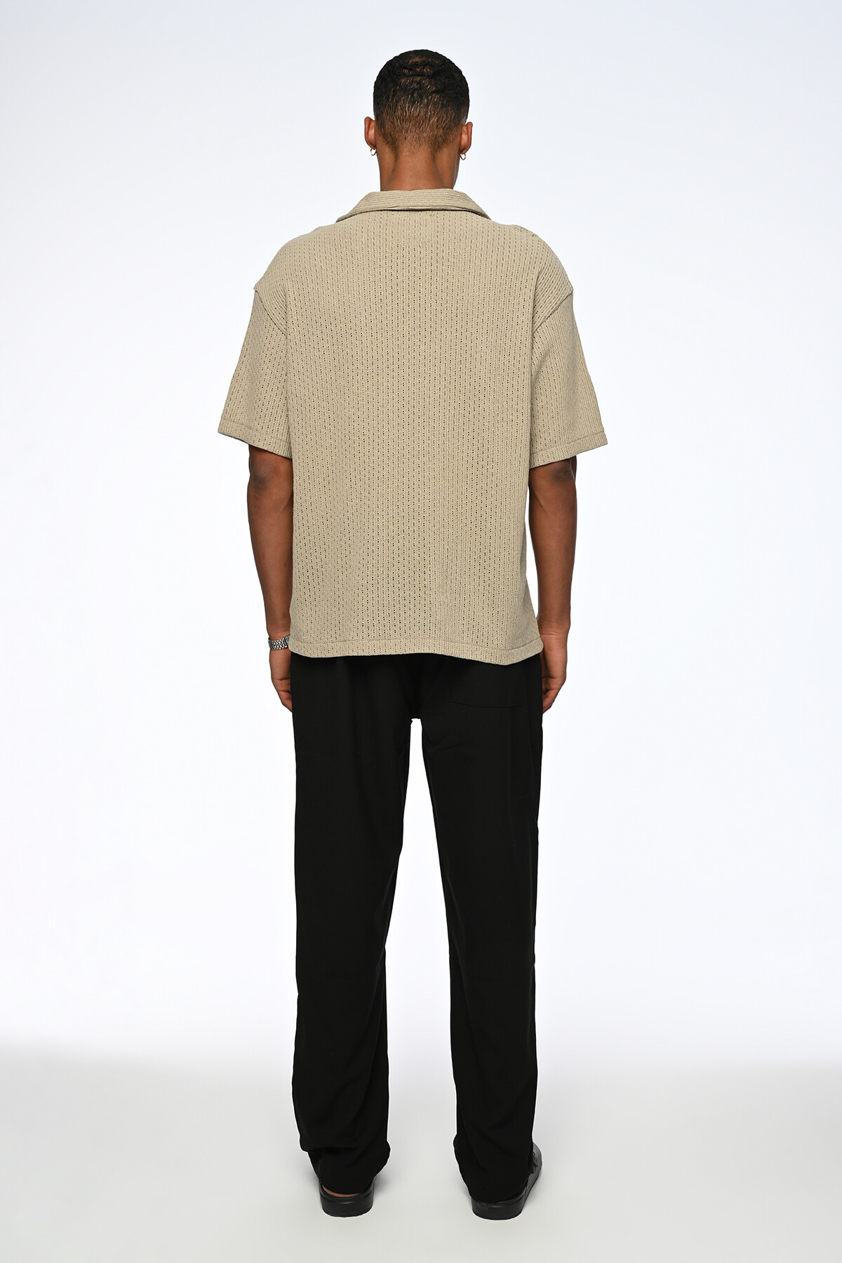 Bej Cep Detaylı Oversize Örme Triko Gömlek
