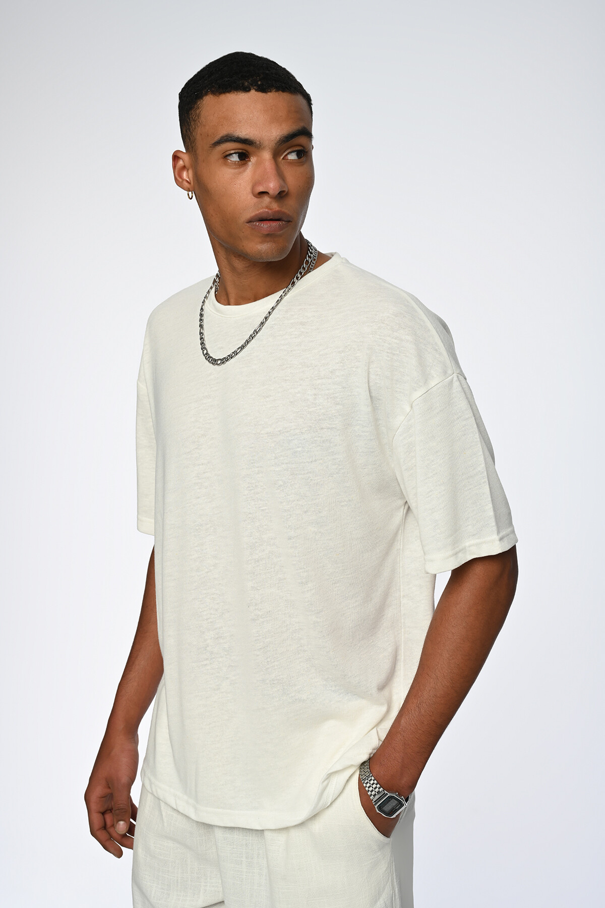 Beyaz Basic Oversize Keten T-Shirt