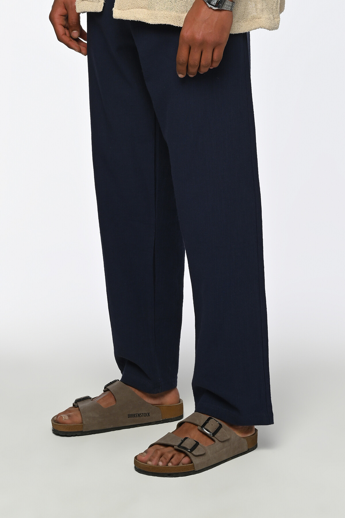 Lacivert Basic Arka Cep Detaylı Oversize Keten Pantolon