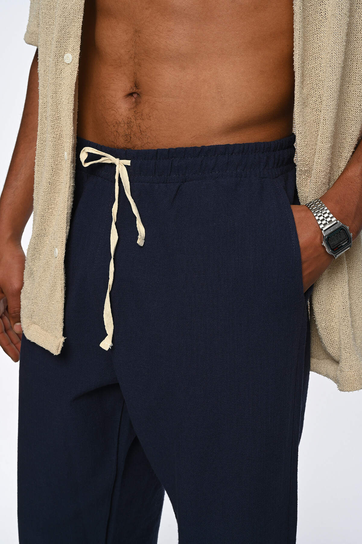 Lacivert Basic Arka Cep Detaylı Oversize Keten Pantolon