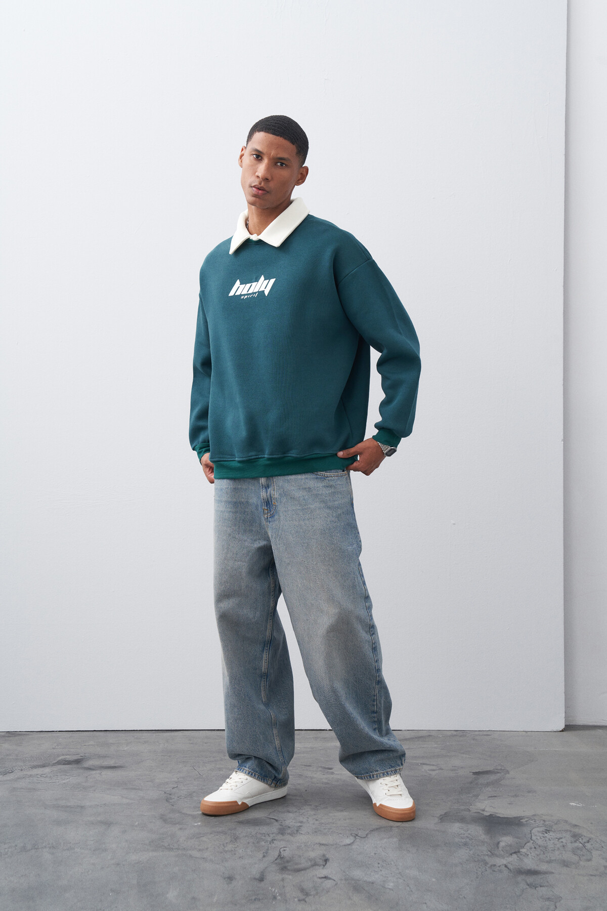 Nefti Polo Yaka Baskılı Oversize Sweatshirt