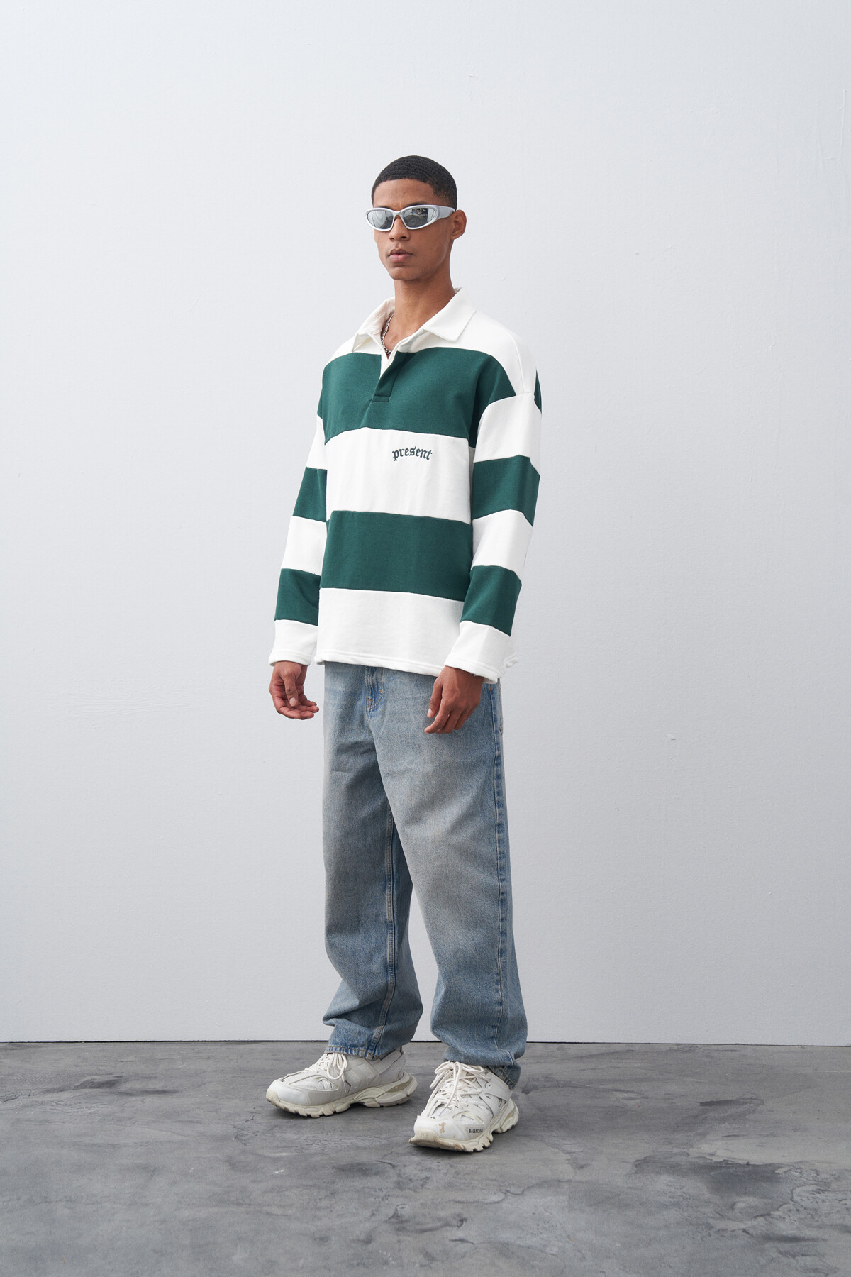 Nefti Polo Yaka Oversize Şeritli Sweatshirt