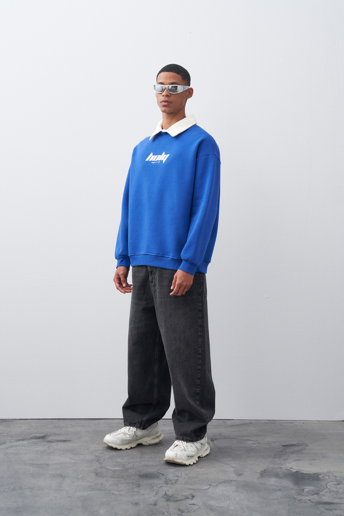 Saks Polo Yaka Baskılı Oversize Sweatshirt