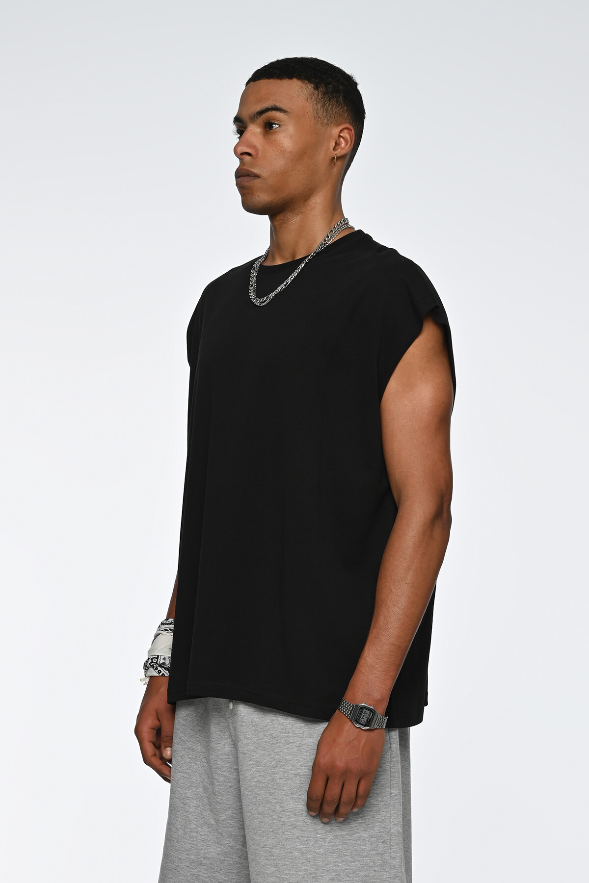 Siyah Basic Oversize Kolsuz T-Shirt