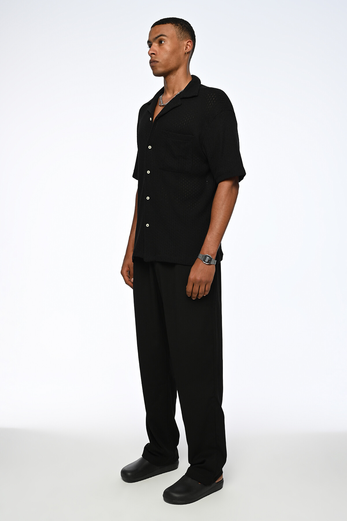 Siyah Cep Detaylı Oversize Örme Triko Gömlek