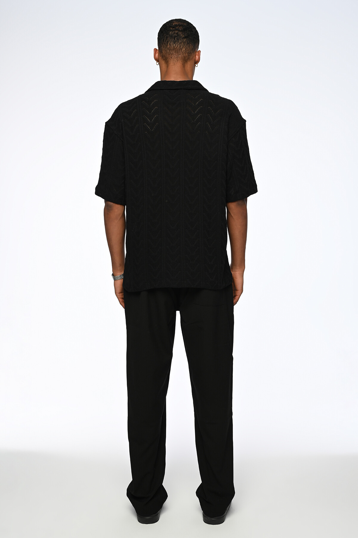 Siyah Oversize Kısakollu Örme Triko gömlek