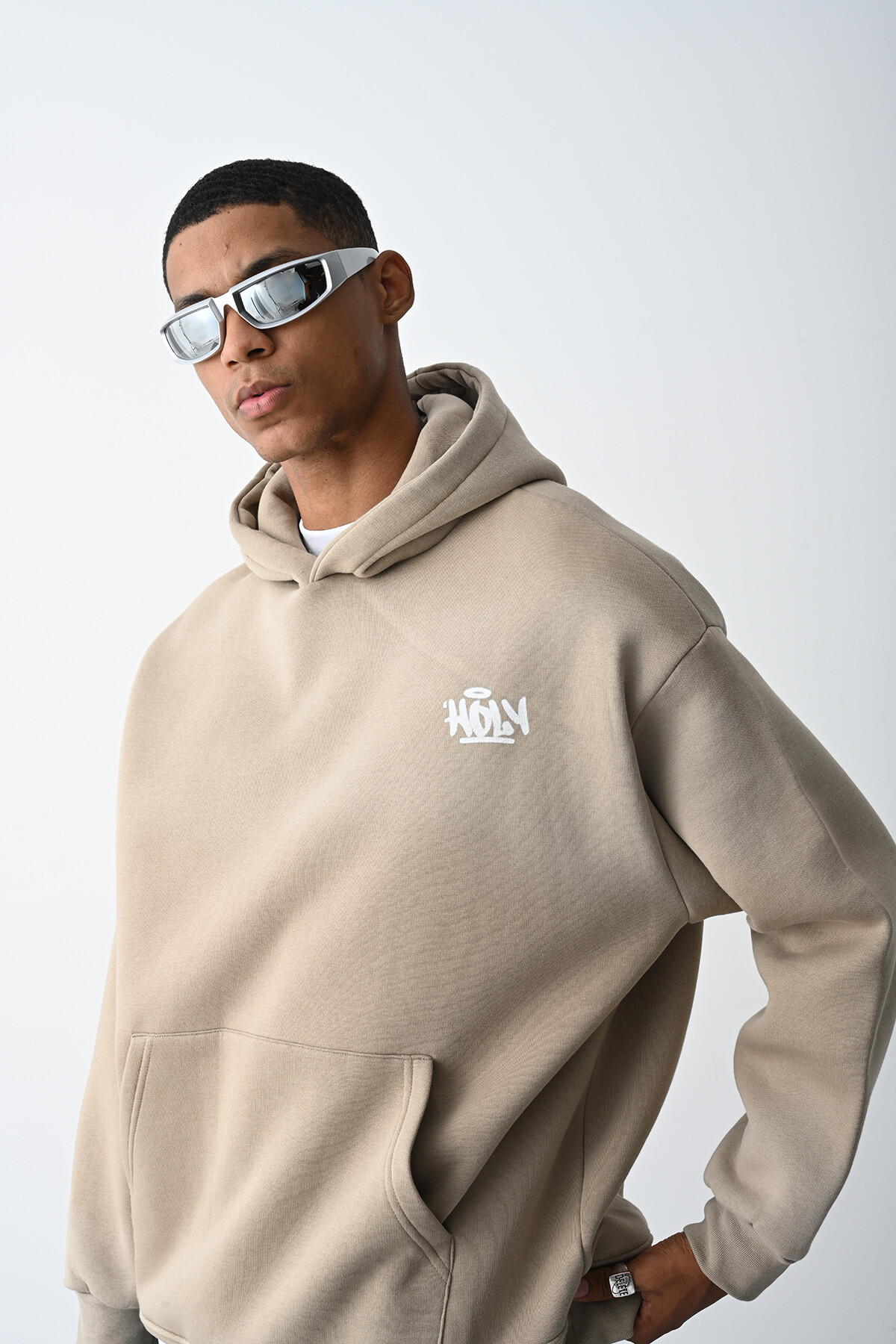 Vizon Yazı Detaylı Kapüşonlu Oversize Sweatshirt