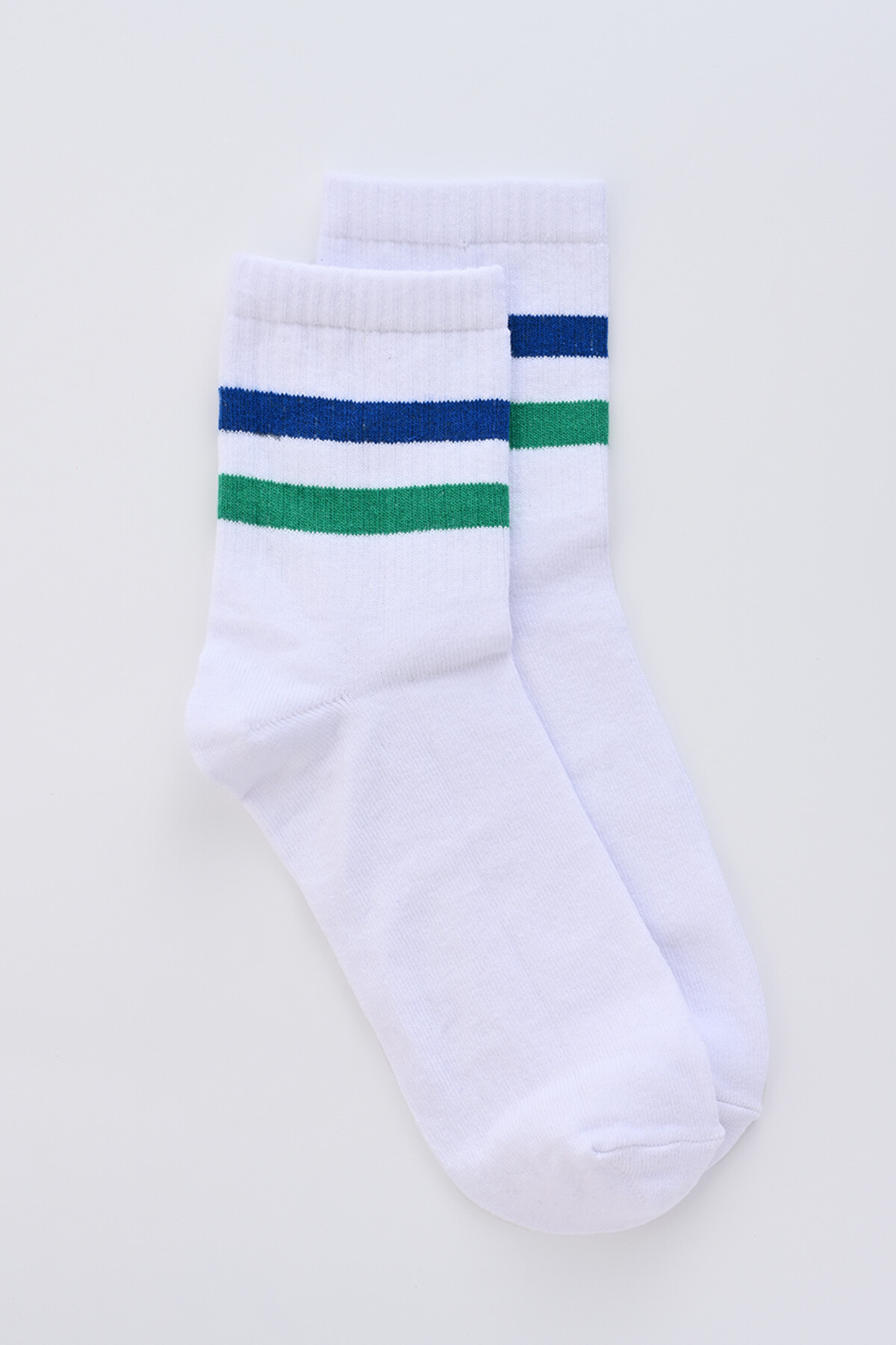 Yeşil Mavi Şeritli Beyaz Socket Çorap