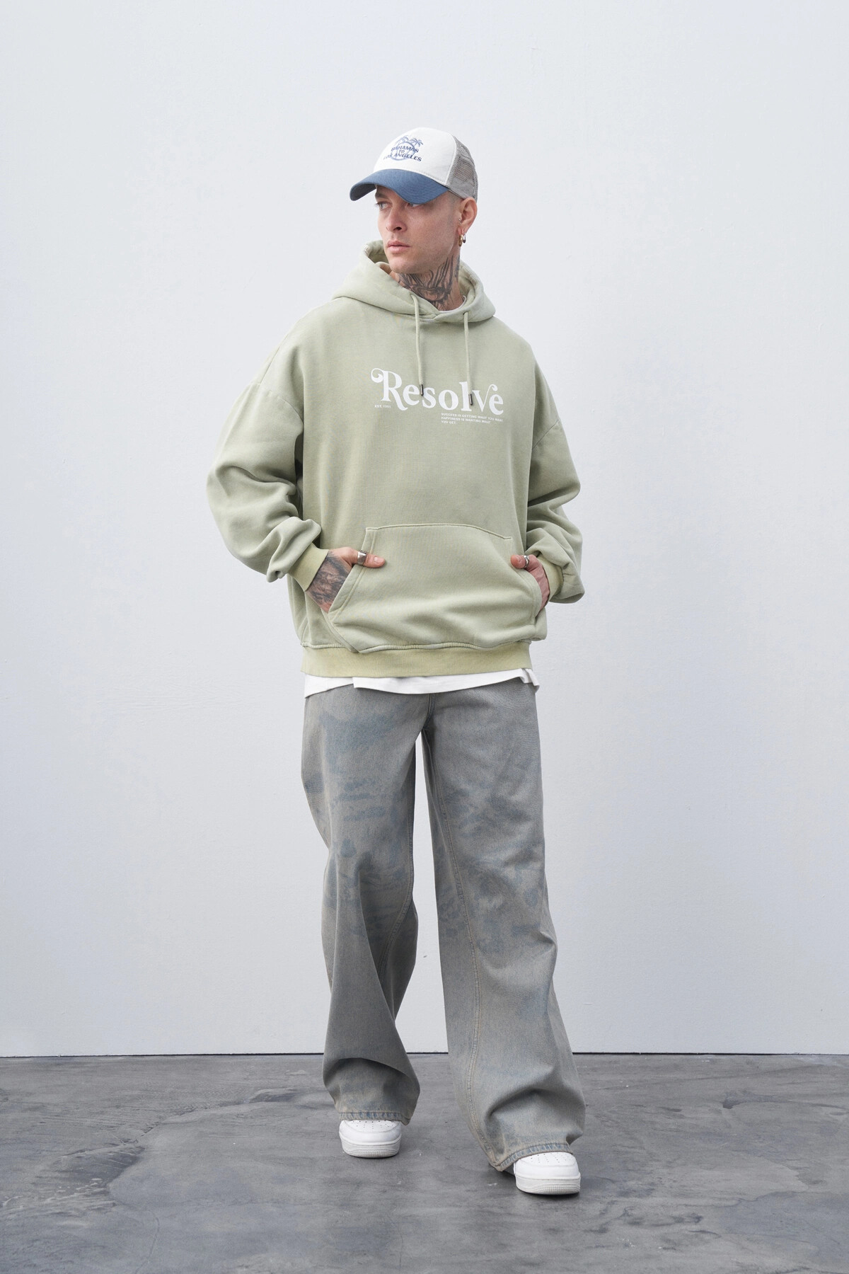 Mint Yıkamalı Yazı Detaylı Oversize Sweatshirt
