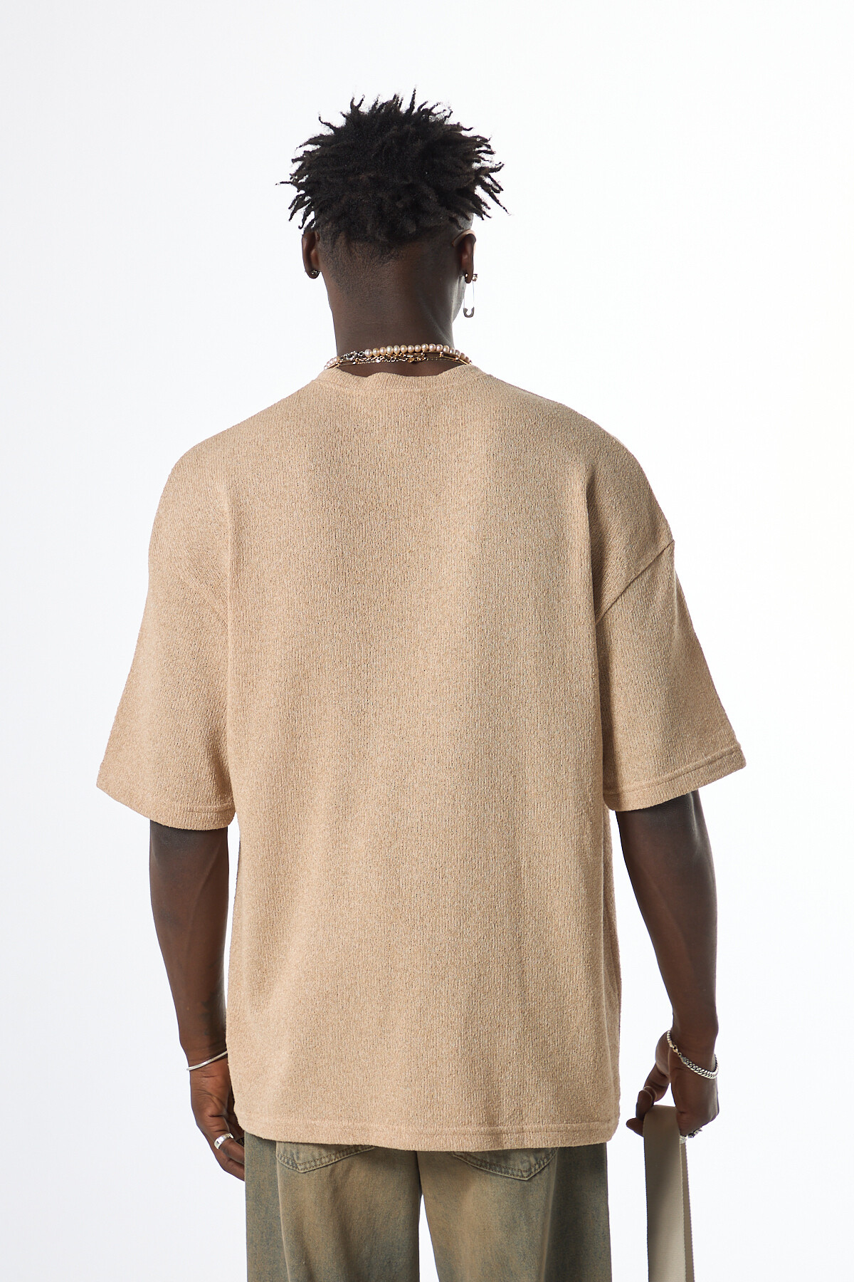 Ön Düğme Detaylı Oversız Triko T-Shirt Bej