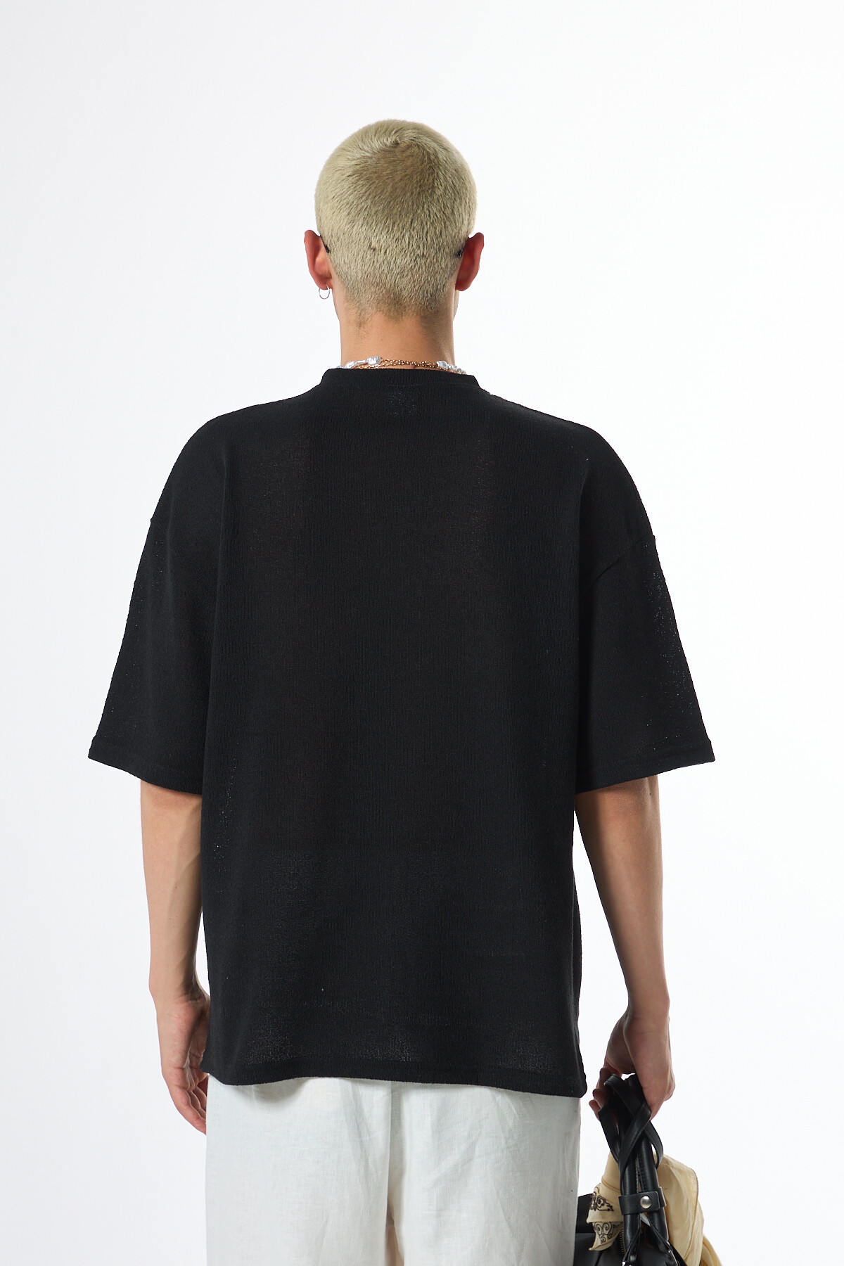 Ön Düğme Detaylı Oversız Triko T-Shirt Siyah