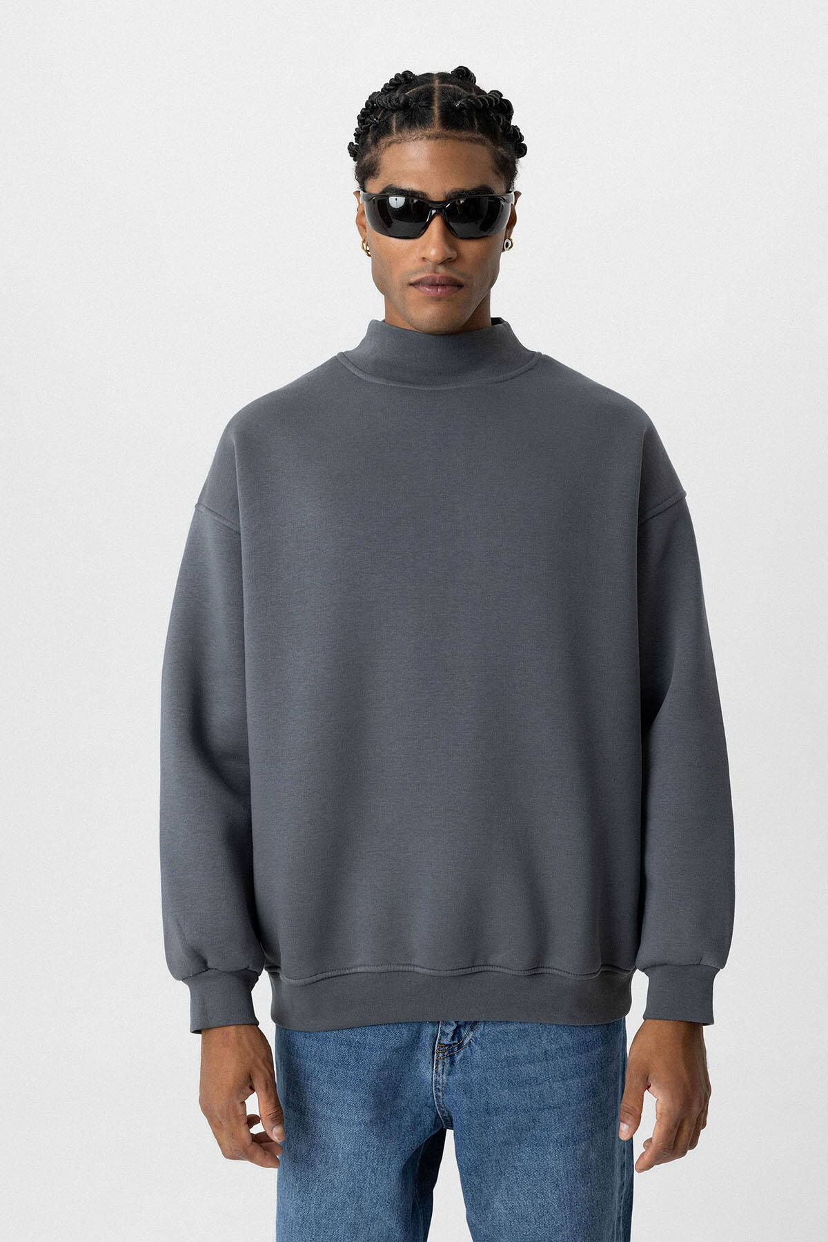 BASIC OVERSIZE BALIKÇI YAKA SWEATSHIRT FÜME