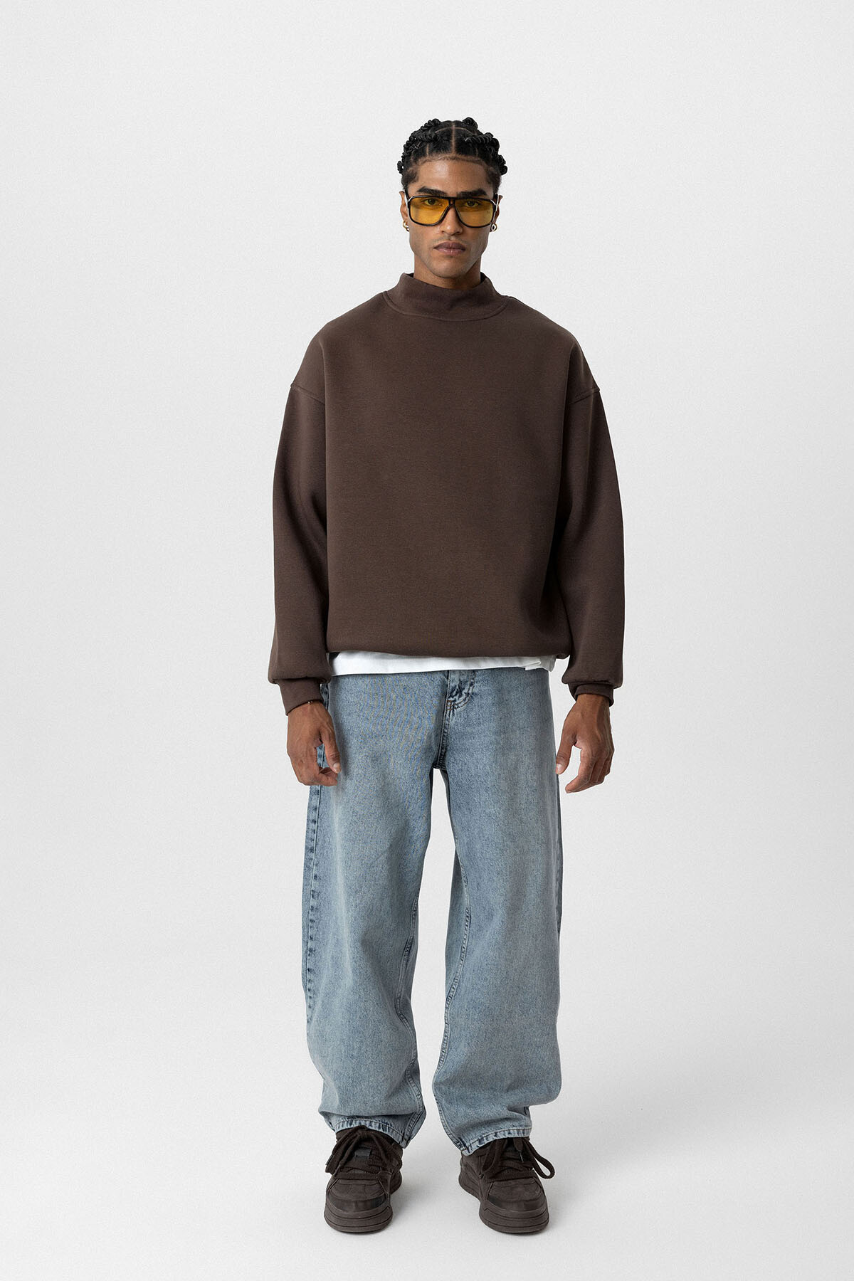 BASIC OVERSIZE BALIKÇI YAKA SWEATSHIRT KAHVE