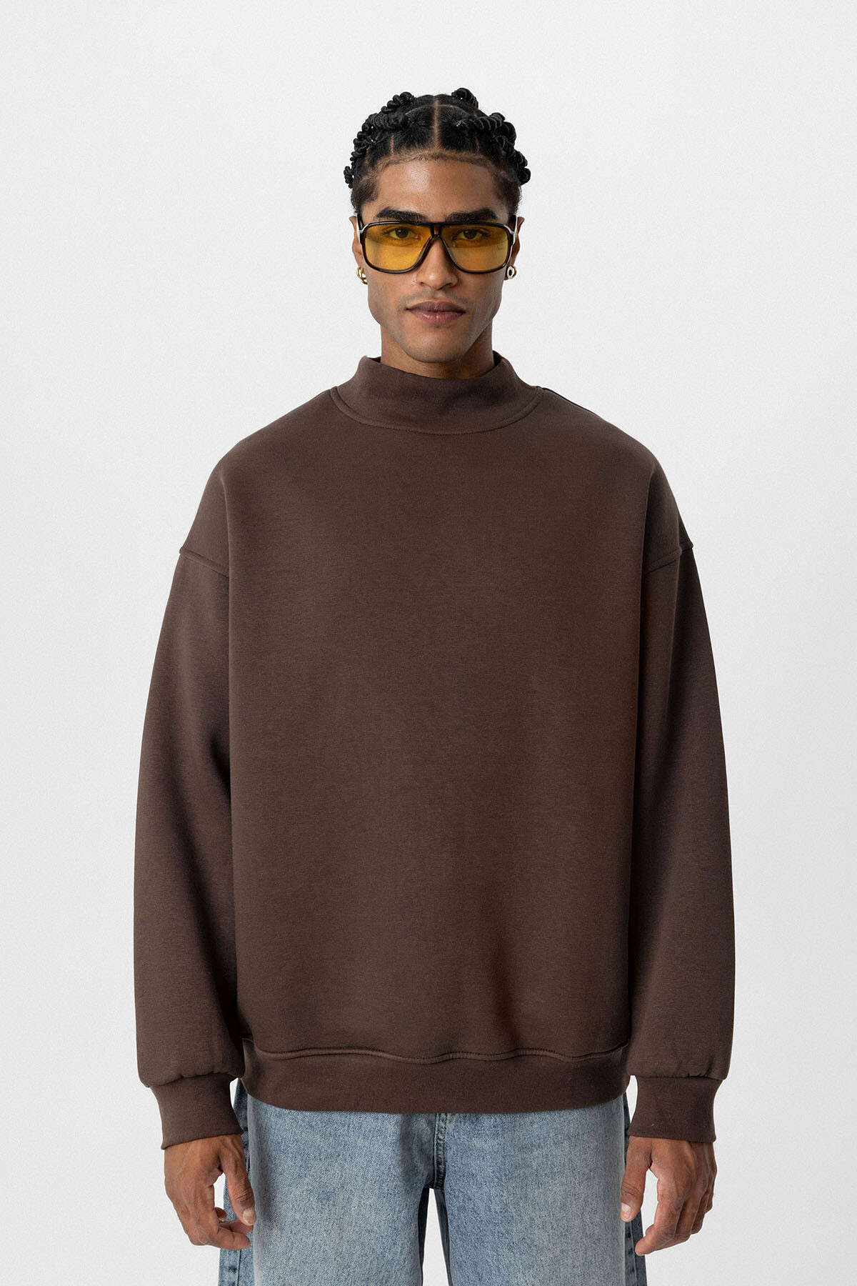 BASIC OVERSIZE BALIKÇI YAKA SWEATSHIRT KAHVE