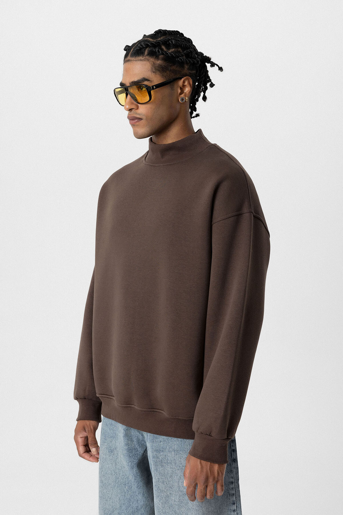 BASIC OVERSIZE BALIKÇI YAKA SWEATSHIRT KAHVE