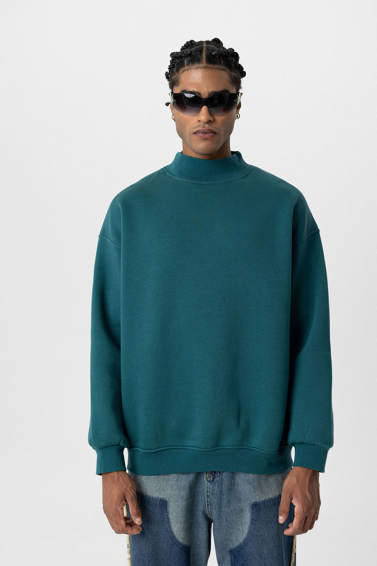 BASIC OVERSIZE BALIKÇI YAKA SWEATSHIRT PETROL