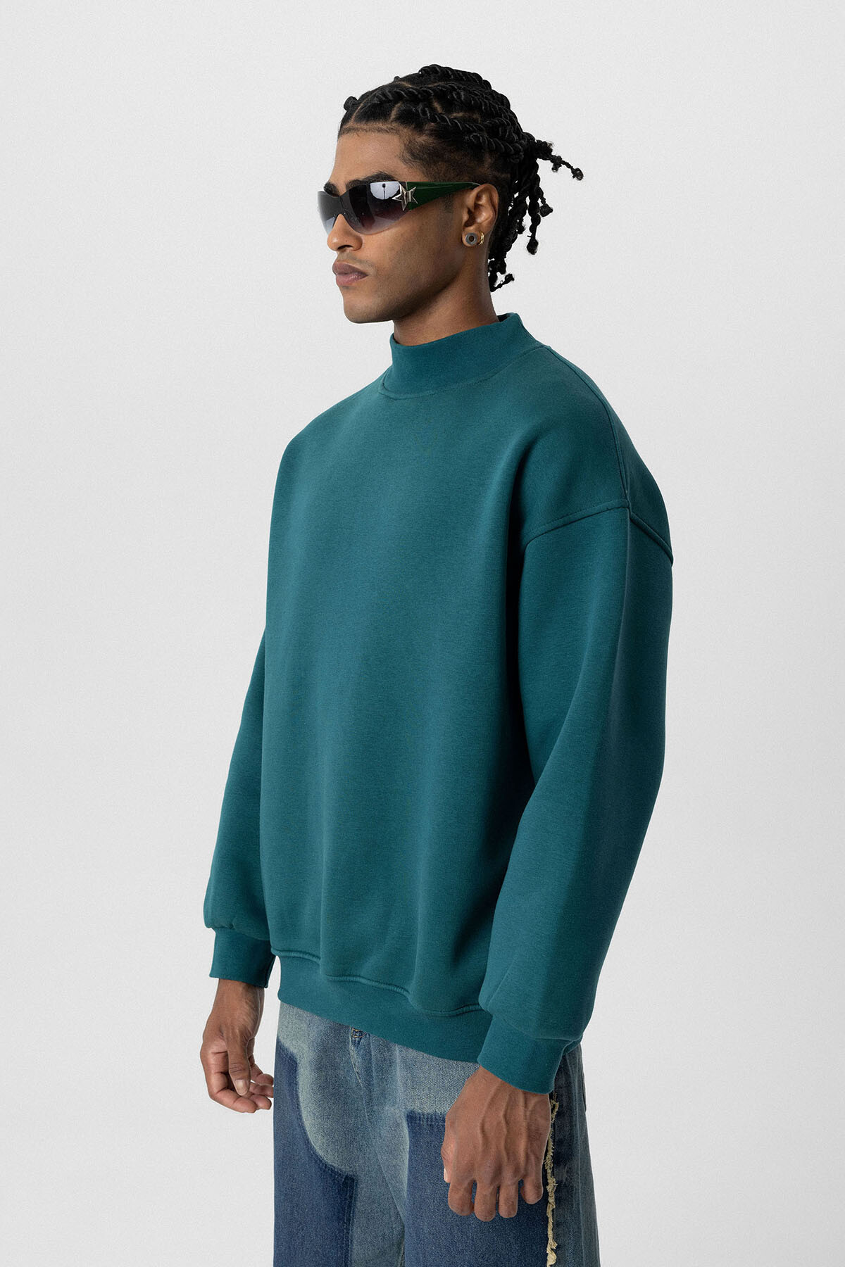 BASIC OVERSIZE BALIKÇI YAKA SWEATSHIRT PETROL