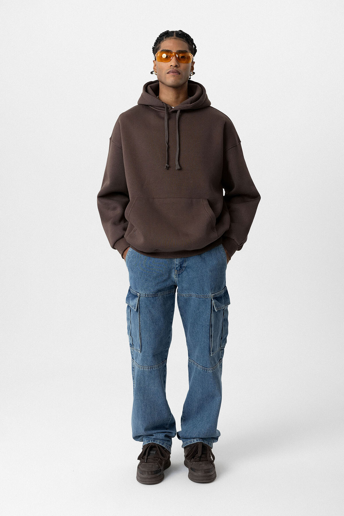 BASIC OVERSIZE KAPÜŞONLU CEP DETAYLI SWEATSHIRT KAHVE