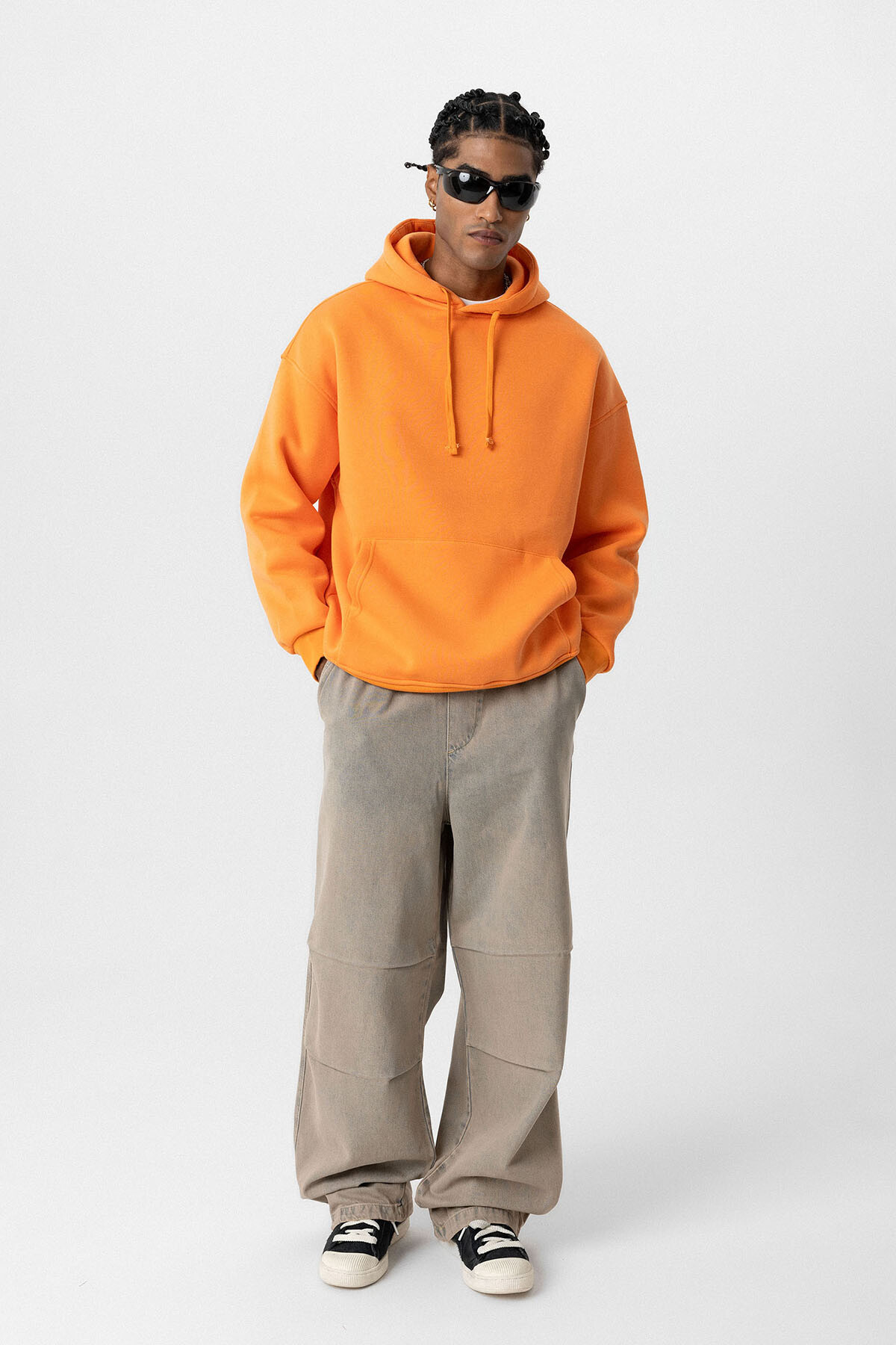 BASIC OVERSIZE KAPÜŞONLU CEP DETAYLI SWEATSHIRT ORANJ