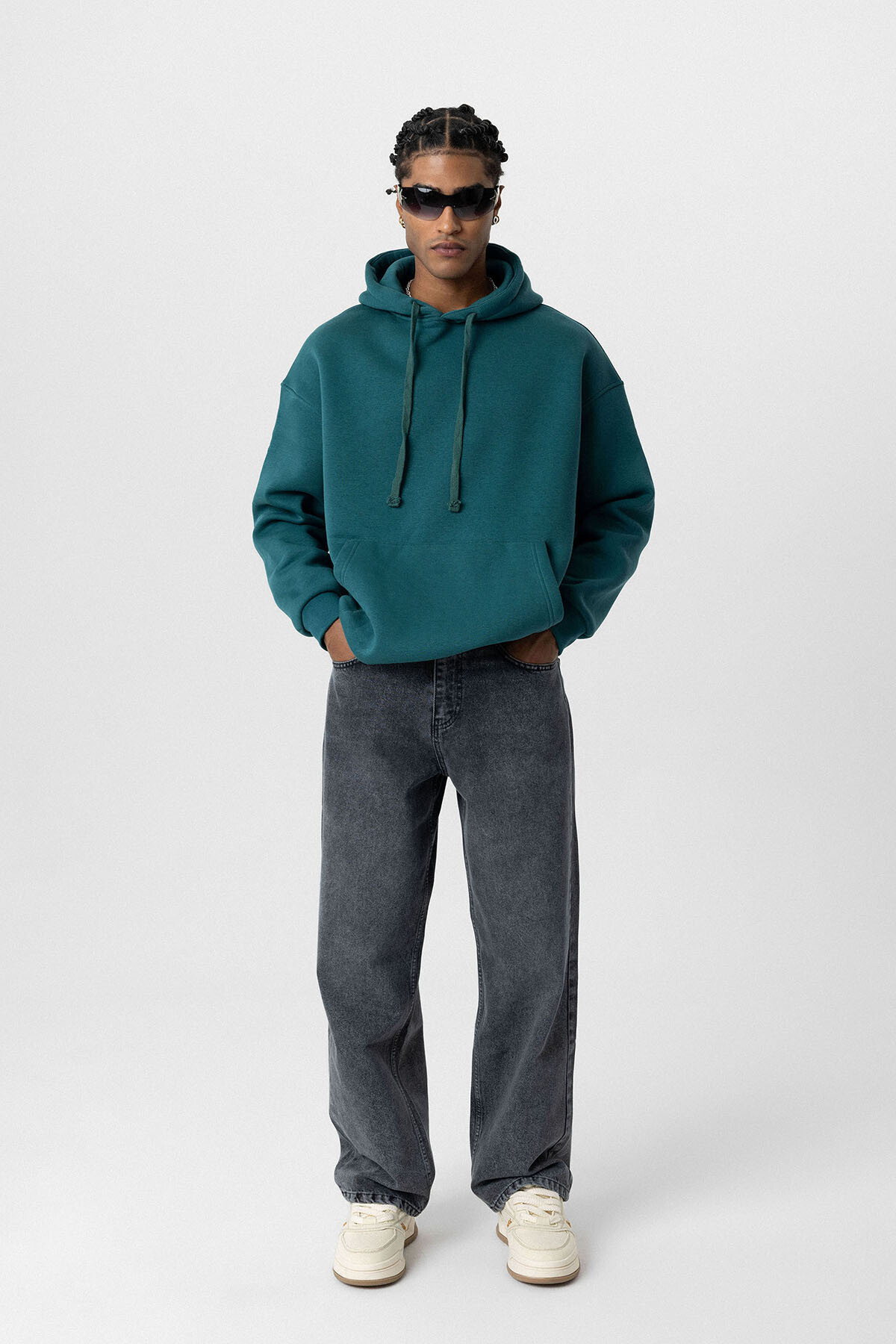 BASIC OVERSIZE KAPÜŞONLU CEP DETAYLI SWEATSHIRT PETROL