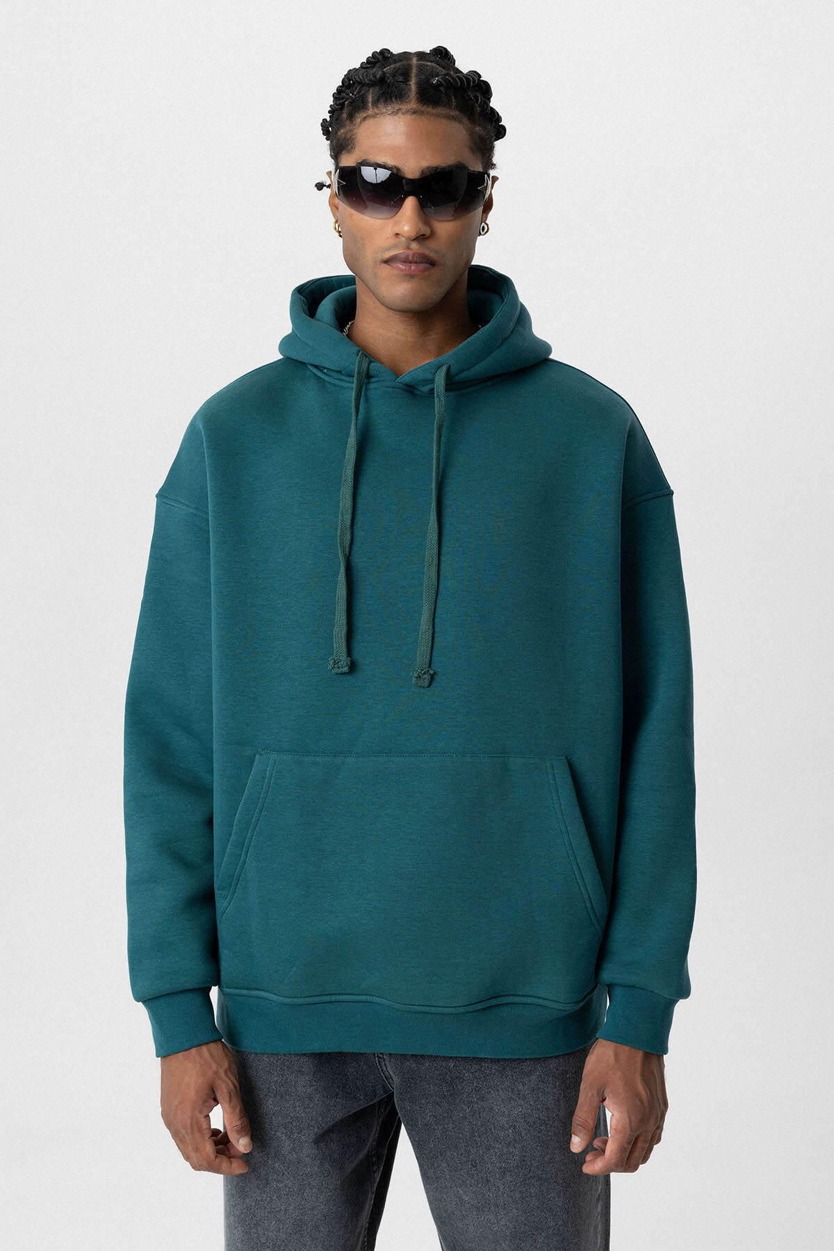 BASIC OVERSIZE KAPÜŞONLU CEP DETAYLI SWEATSHIRT PETROL