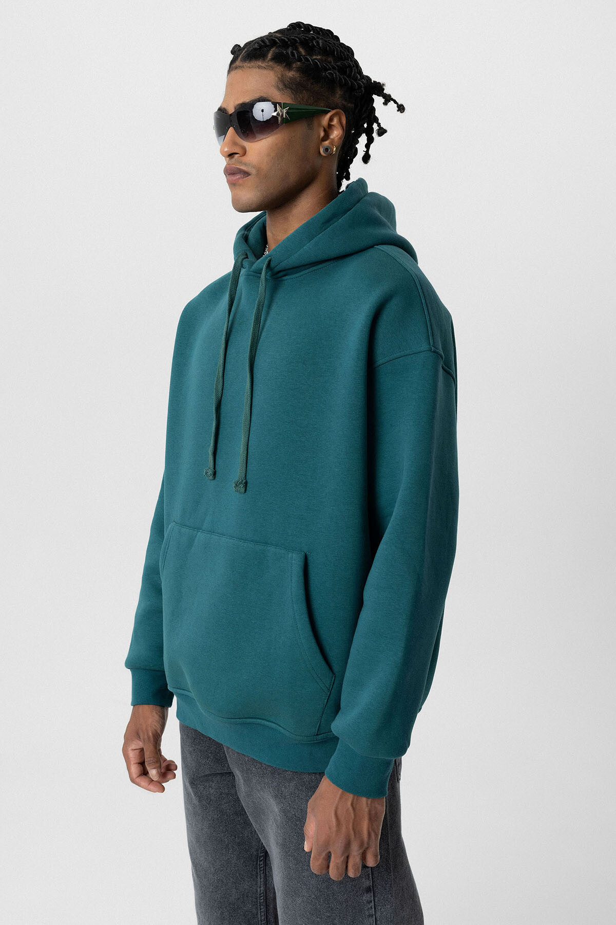 BASIC OVERSIZE KAPÜŞONLU CEP DETAYLI SWEATSHIRT PETROL