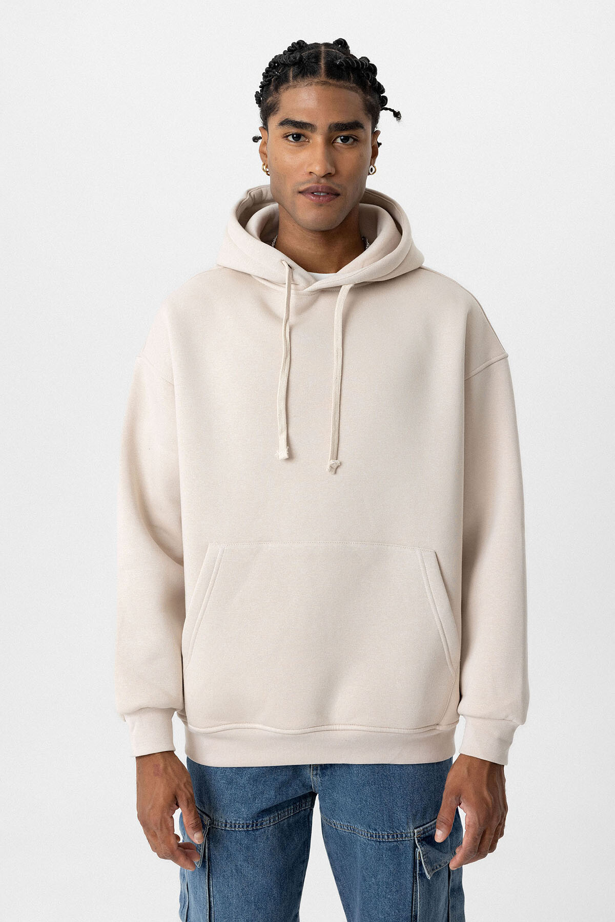 BASIC OVERSIZE KAPÜŞONLU CEP DETAYLI SWEATSHIRT TAŞ