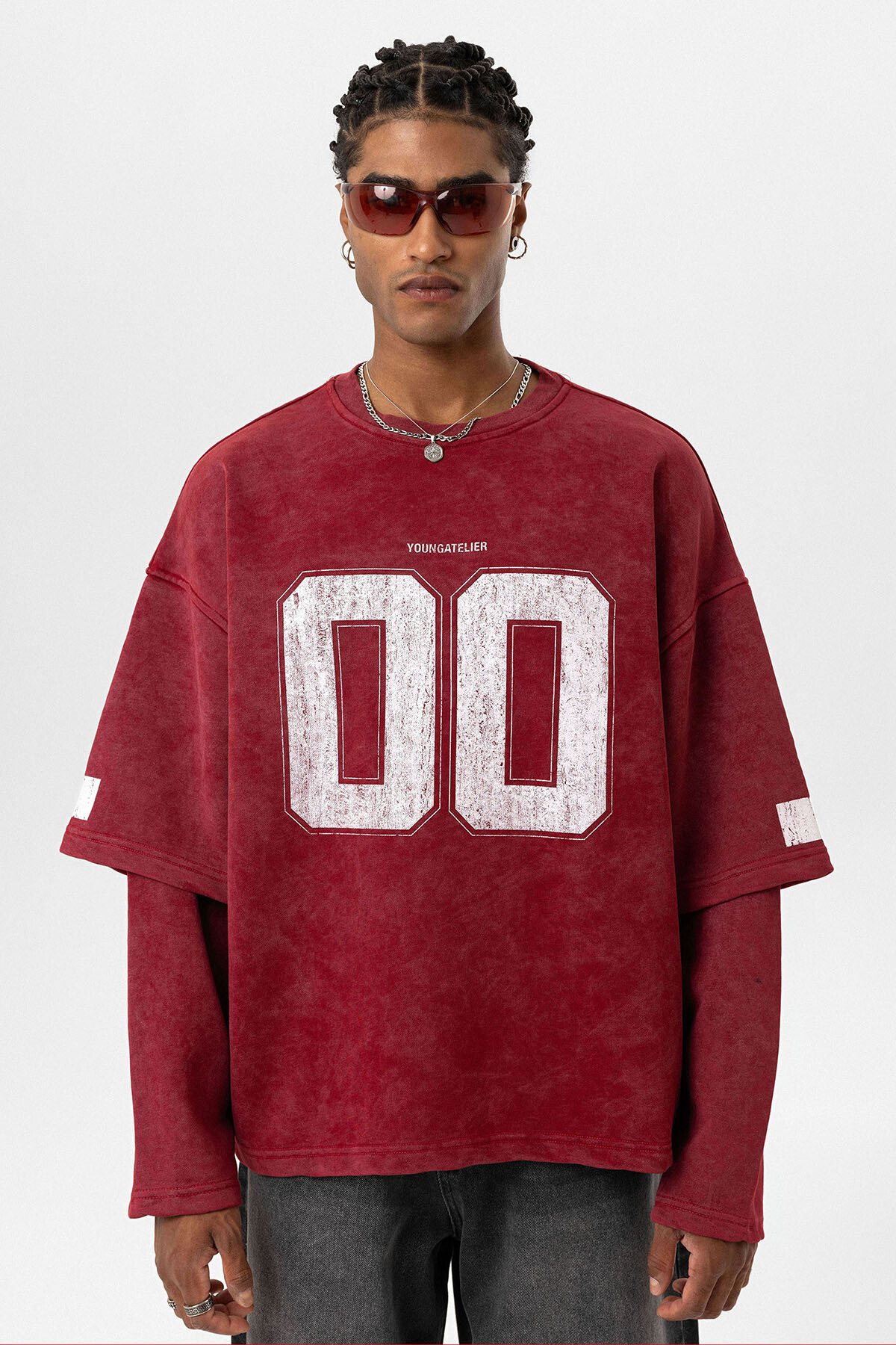 BİSİKLET YAKA ÇİFT KOL DETAYLI OVERSIZE SWEATSHIRT BORDO