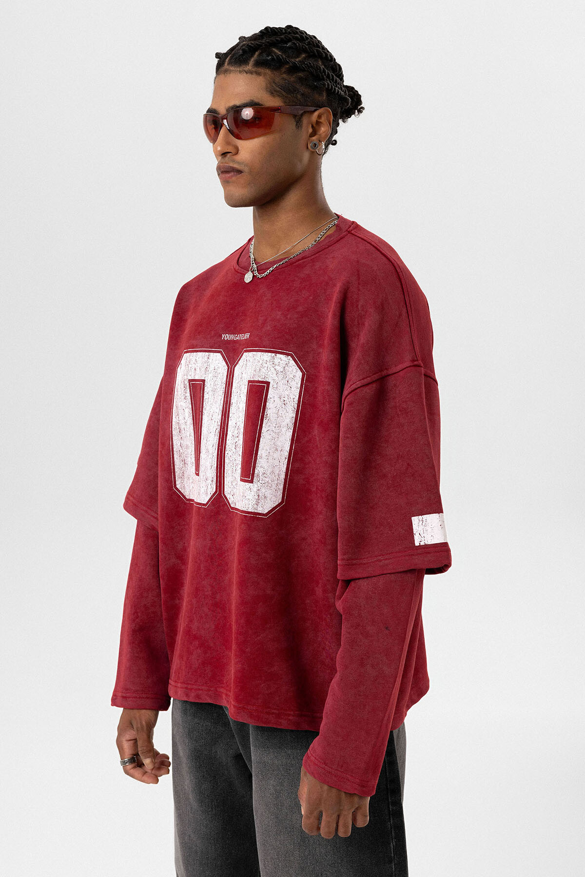 BİSİKLET YAKA ÇİFT KOL DETAYLI OVERSIZE SWEATSHIRT BORDO