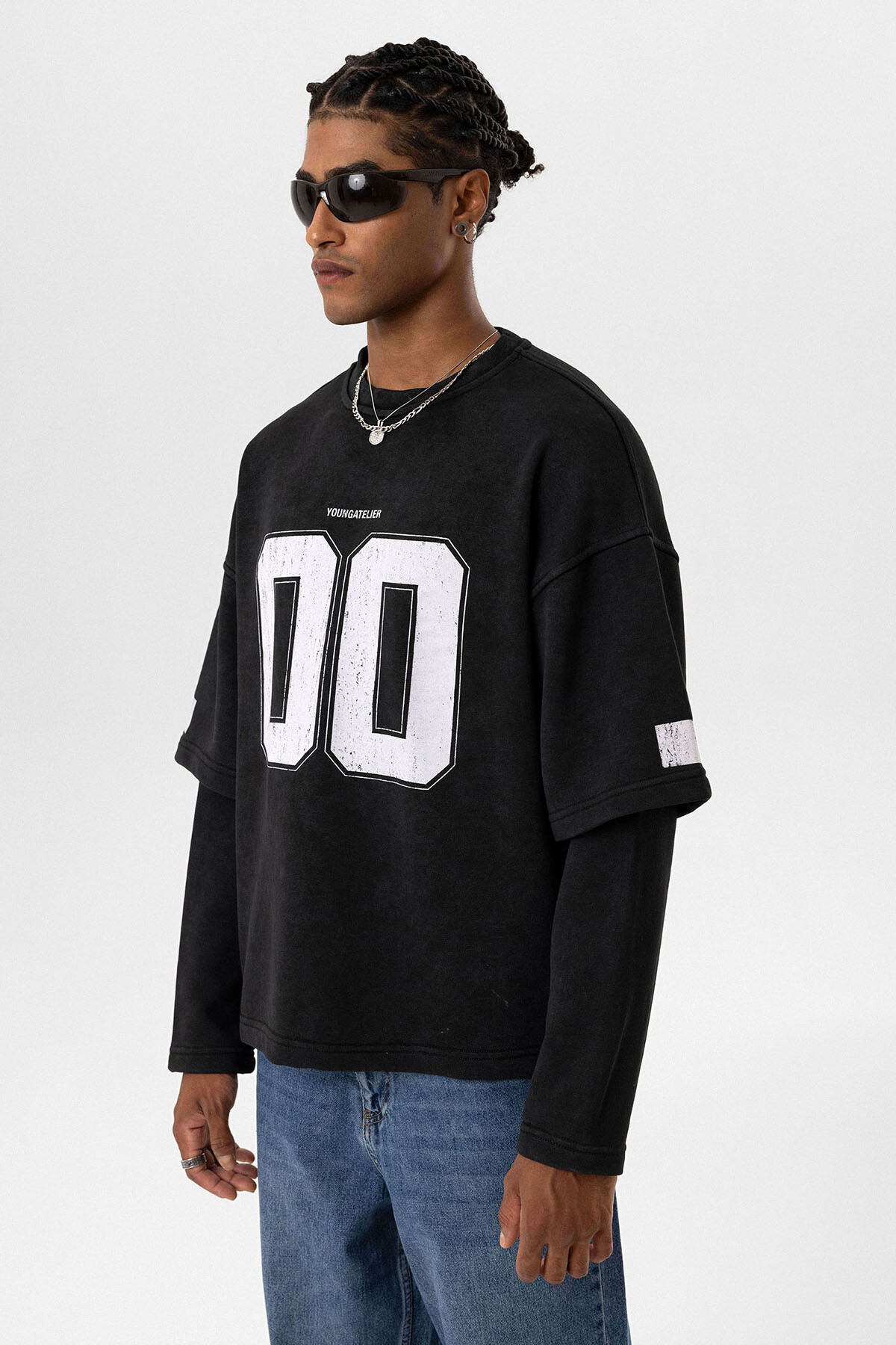 BİSİKLET YAKA ÇİFT KOL DETAYLI OVERSIZE SWEATSHIRT SİYAH