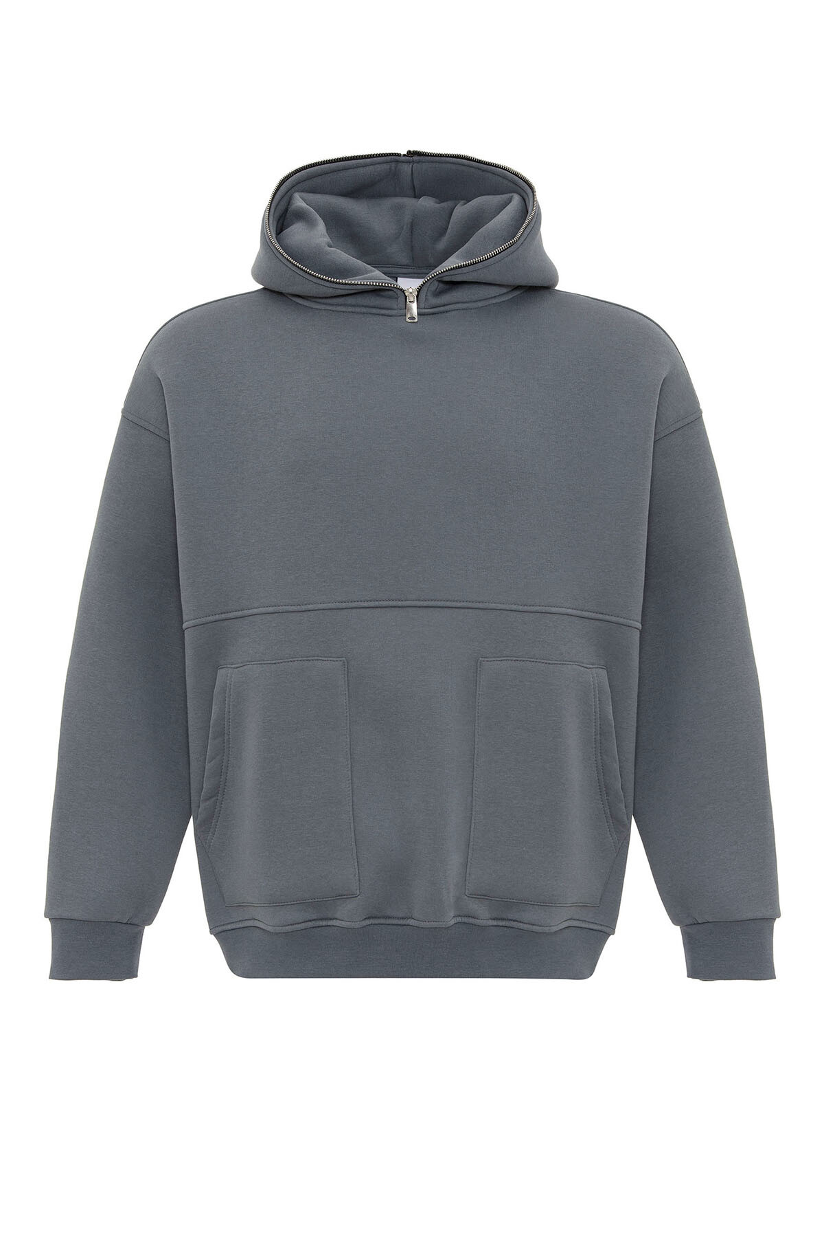 ÇİFT CEP FERMUAR DETAYLI KAPÜŞONLU SWEATSHIRT AÇIK FÜME