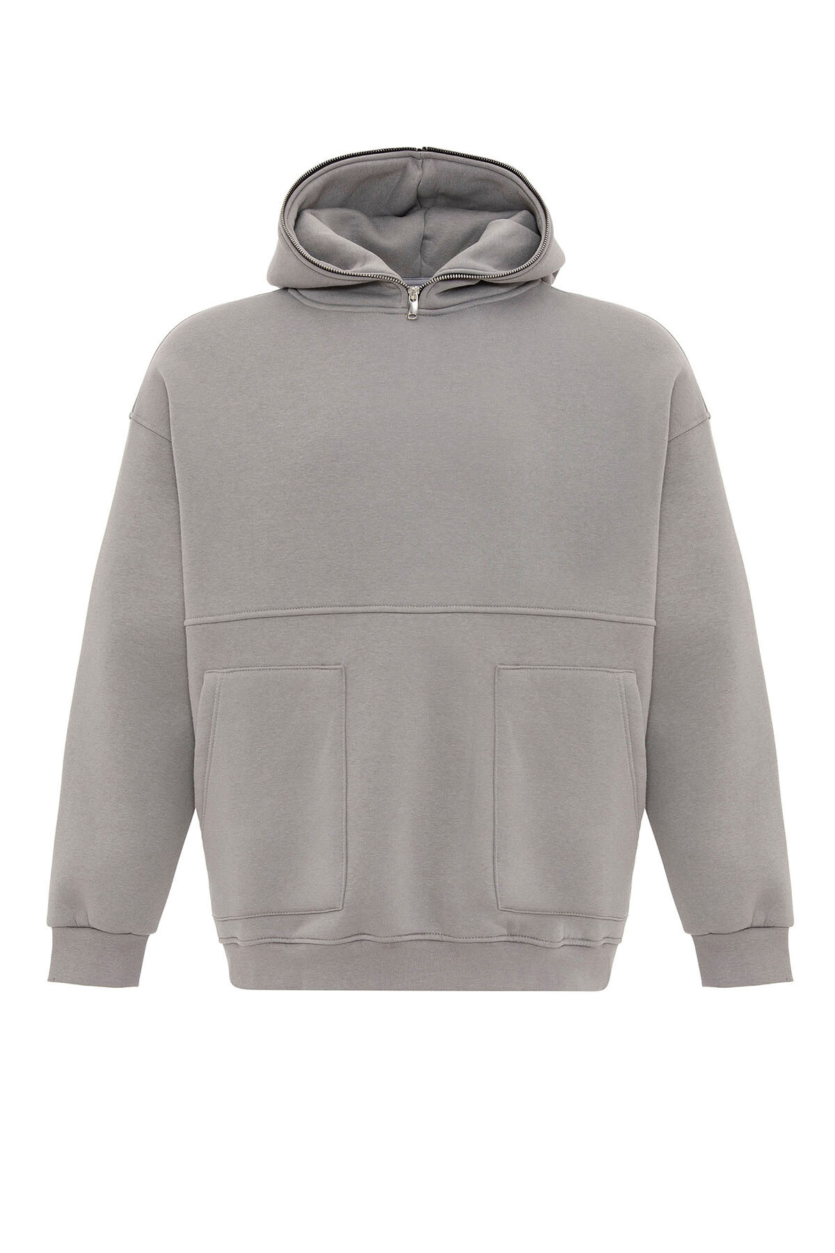 ÇİFT CEP FERMUAR DETAYLI KAPÜŞONLU SWEATSHIRT AÇIK GRİ