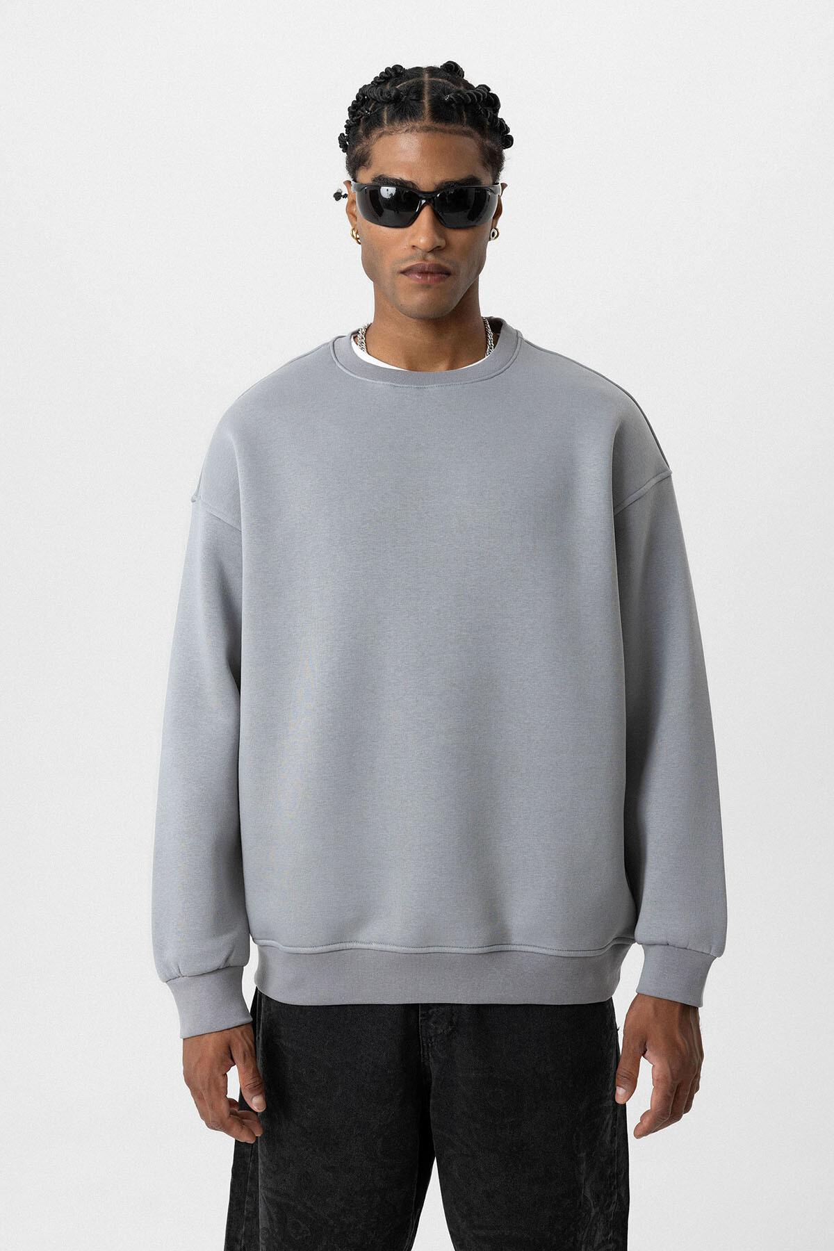 BASIC OVERSIZE BİSİKLET YAKA SWEATSHIRT GRİ