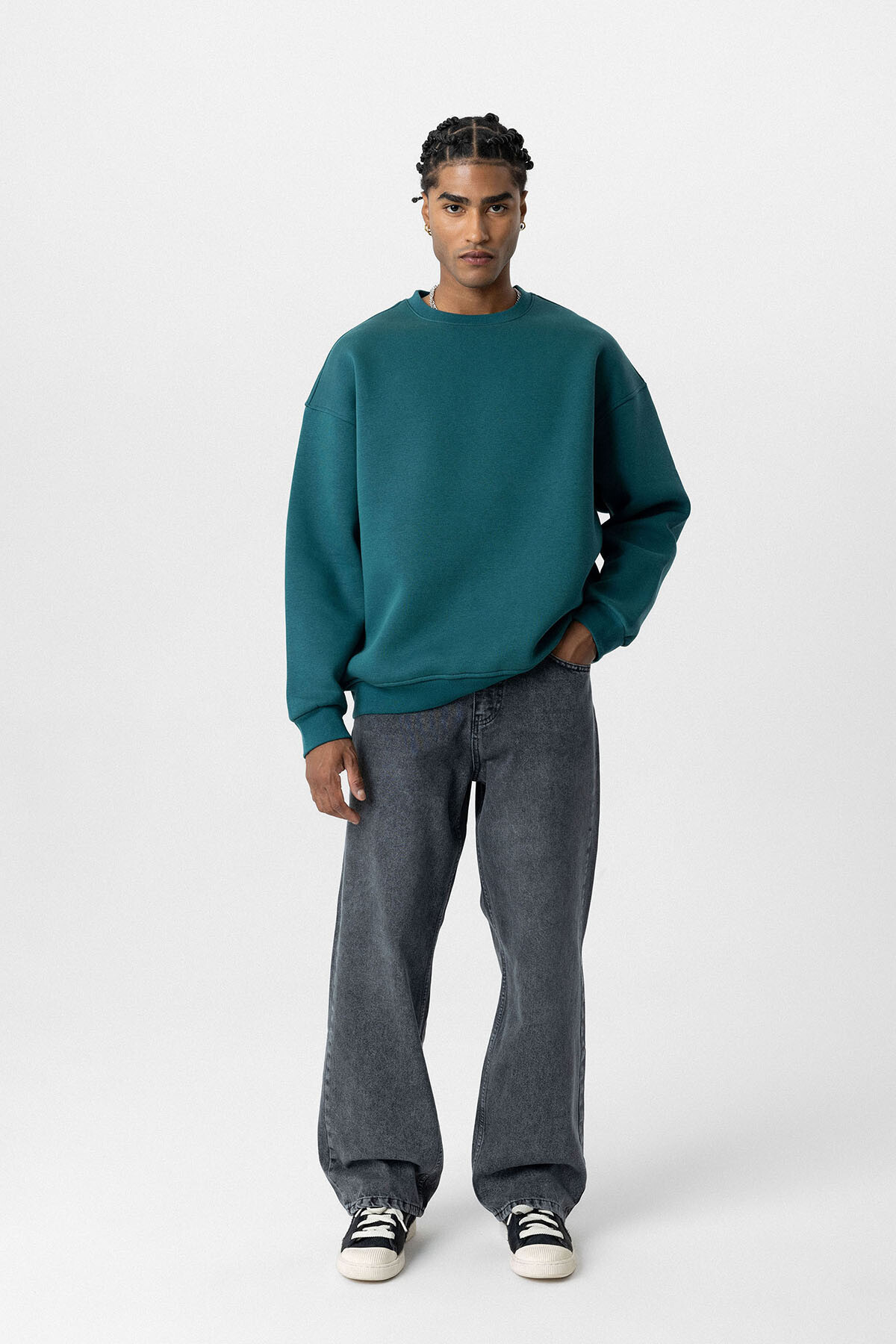 BASIC OVERSIZE BİSİKLET YAKA SWEATSHIRT PETROL