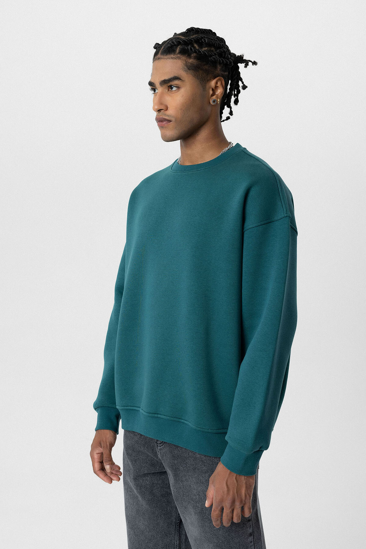 BASIC OVERSIZE BİSİKLET YAKA SWEATSHIRT PETROL