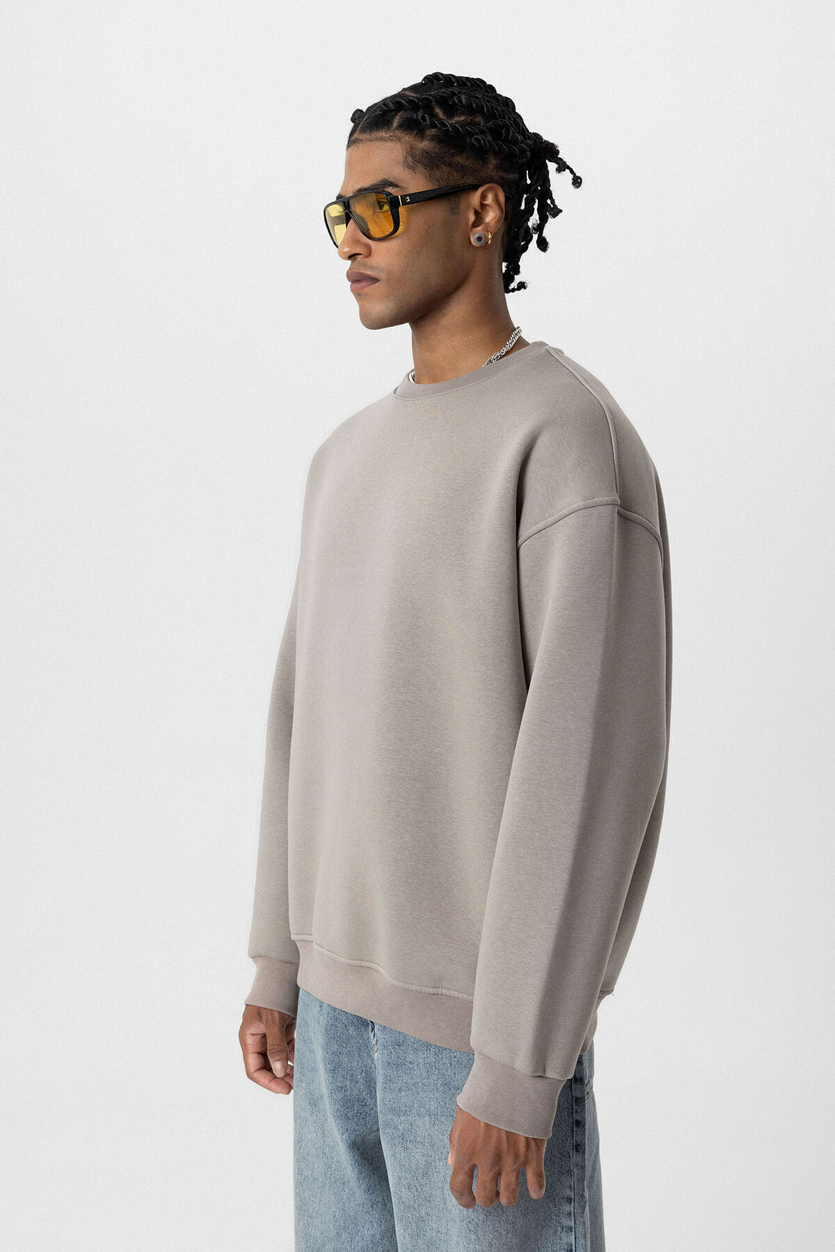 BASIC OVERSIZE BİSİKLET YAKA SWEATSHIRT VİZON