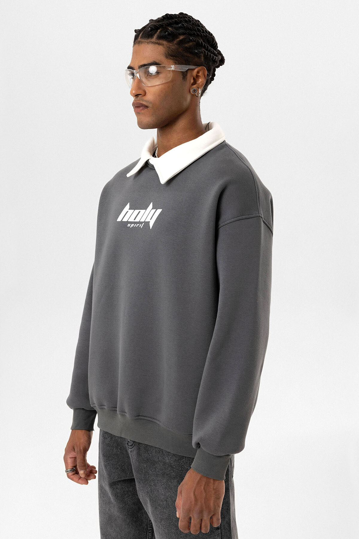 POLO YAKA OVERSIZE BASKILI SWEATSHIRT FÜME