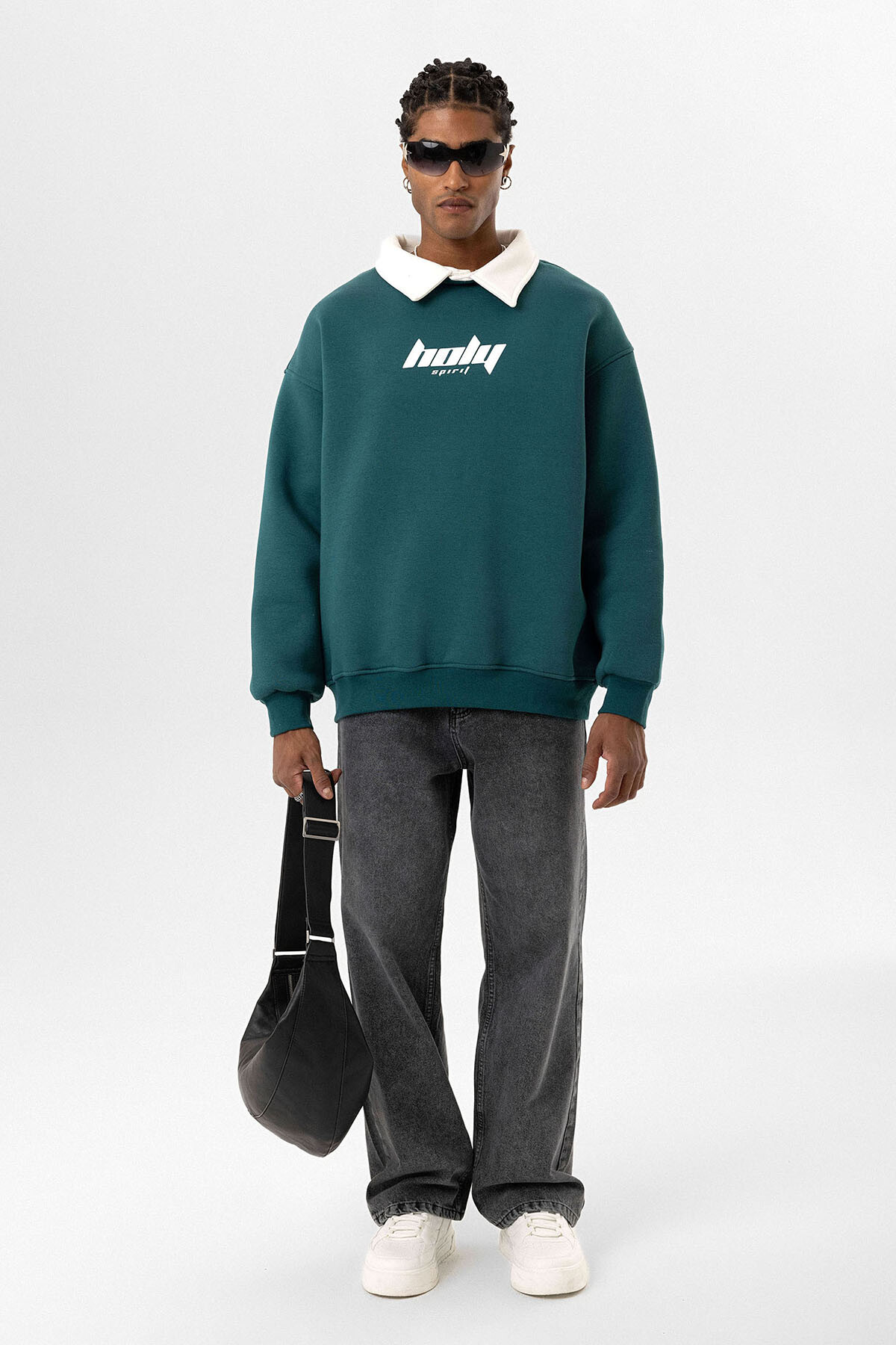 POLO YAKA OVERSIZE BASKILI SWEATSHIRT PETROL