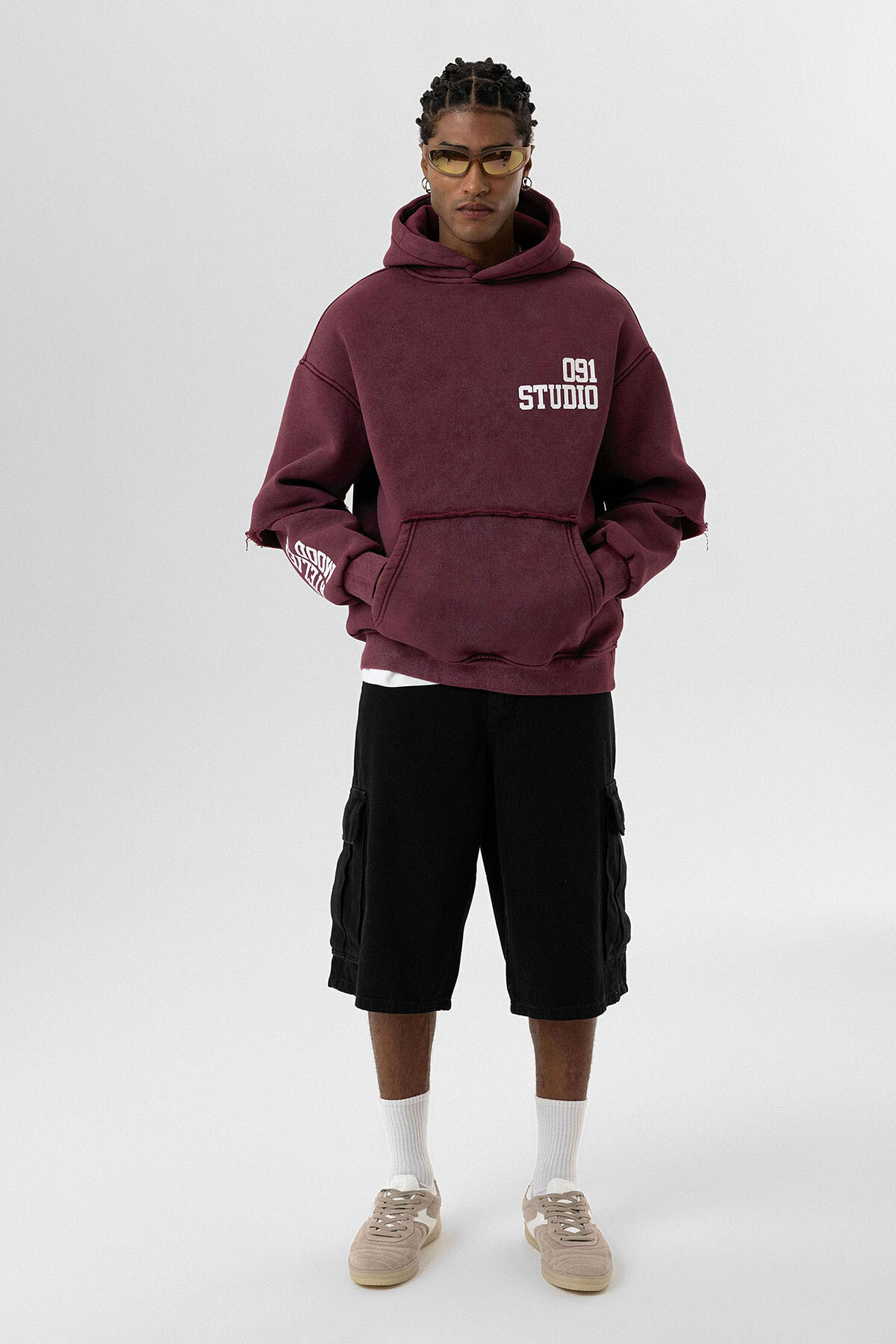 YIKAMALI ÇİFT KOL DETAYLI KAPÜŞONLU OVERSIZE SWEATSHIRT BORDO