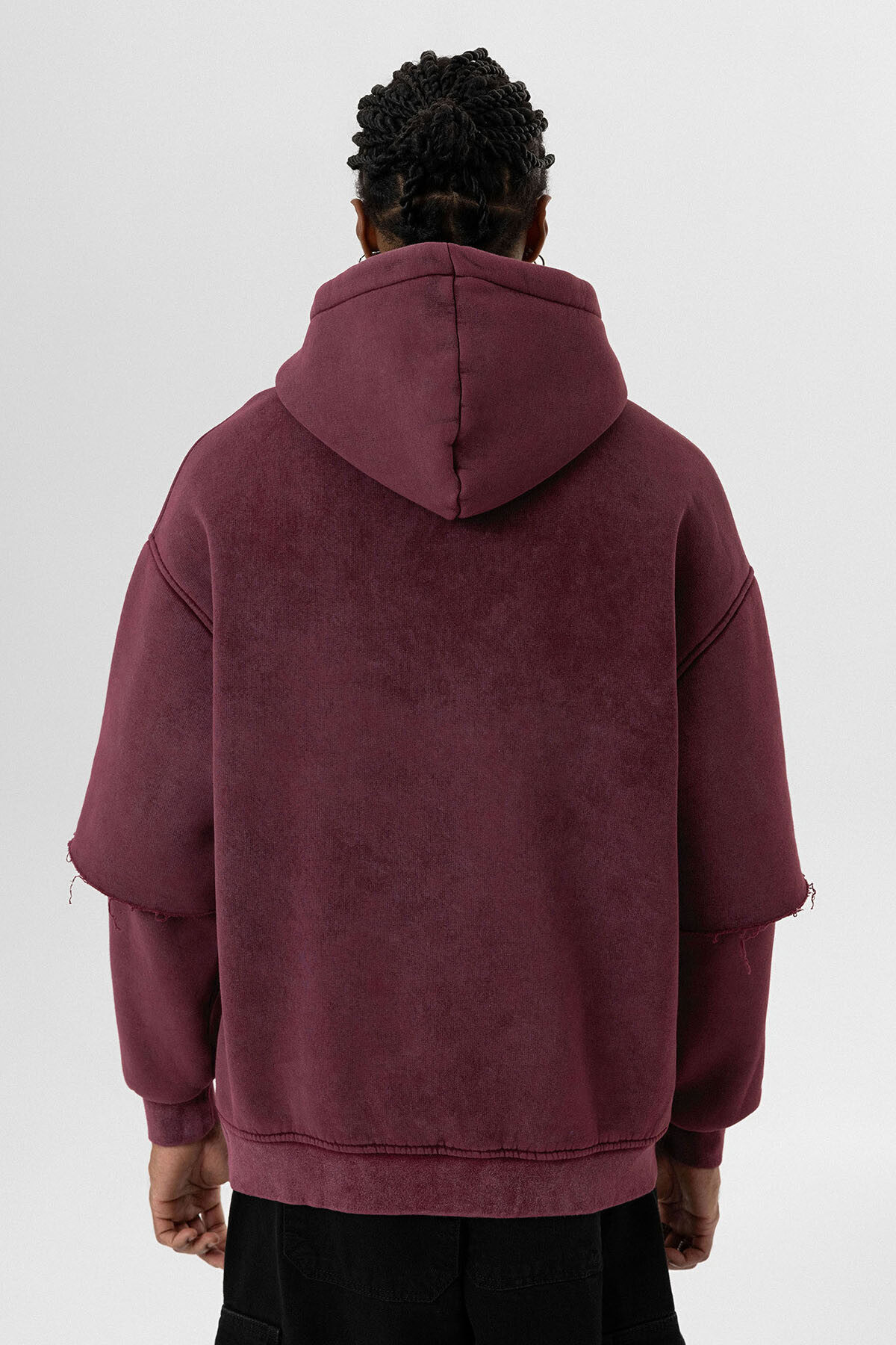 YIKAMALI ÇİFT KOL DETAYLI KAPÜŞONLU OVERSIZE SWEATSHIRT BORDO