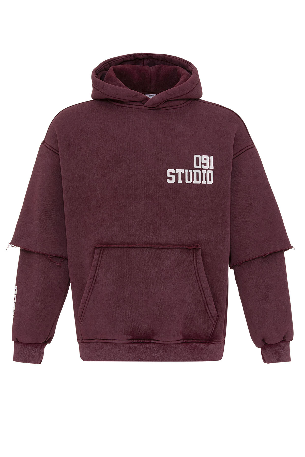 YIKAMALI ÇİFT KOL DETAYLI KAPÜŞONLU OVERSIZE SWEATSHIRT BORDO