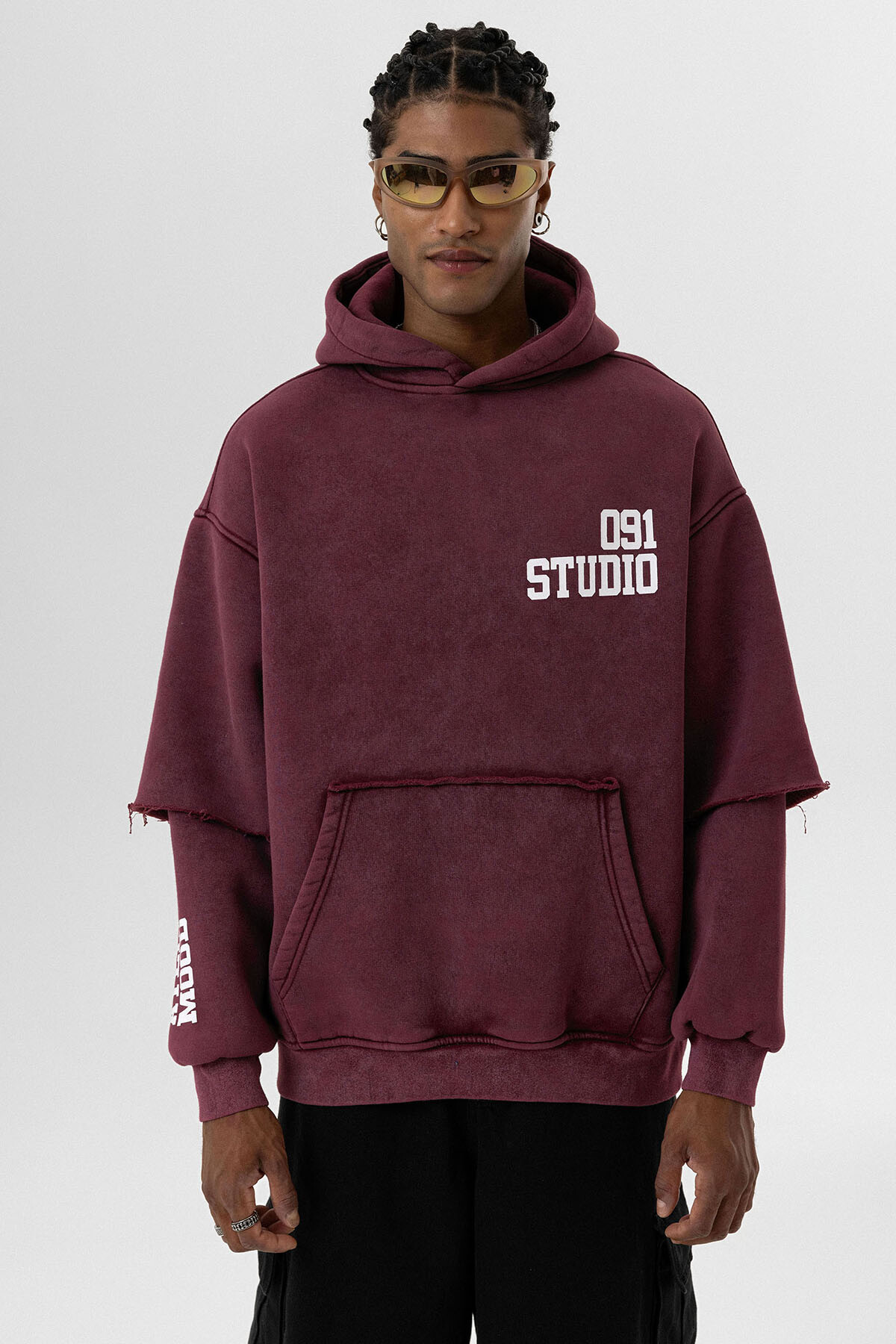 YIKAMALI ÇİFT KOL DETAYLI KAPÜŞONLU OVERSIZE SWEATSHIRT BORDO