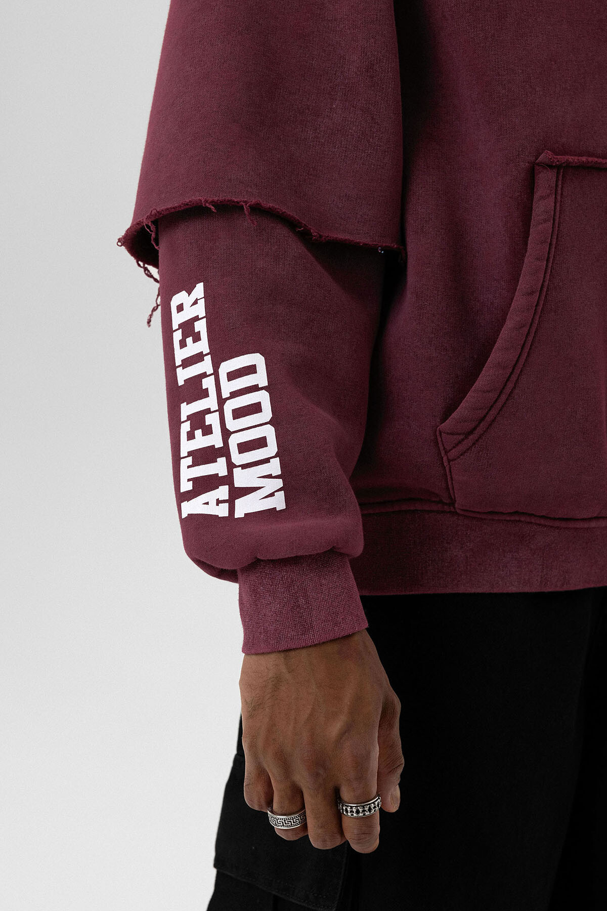 YIKAMALI ÇİFT KOL DETAYLI KAPÜŞONLU OVERSIZE SWEATSHIRT BORDO