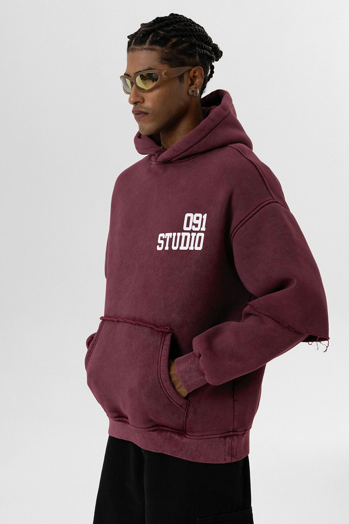 YIKAMALI ÇİFT KOL DETAYLI KAPÜŞONLU OVERSIZE SWEATSHIRT BORDO