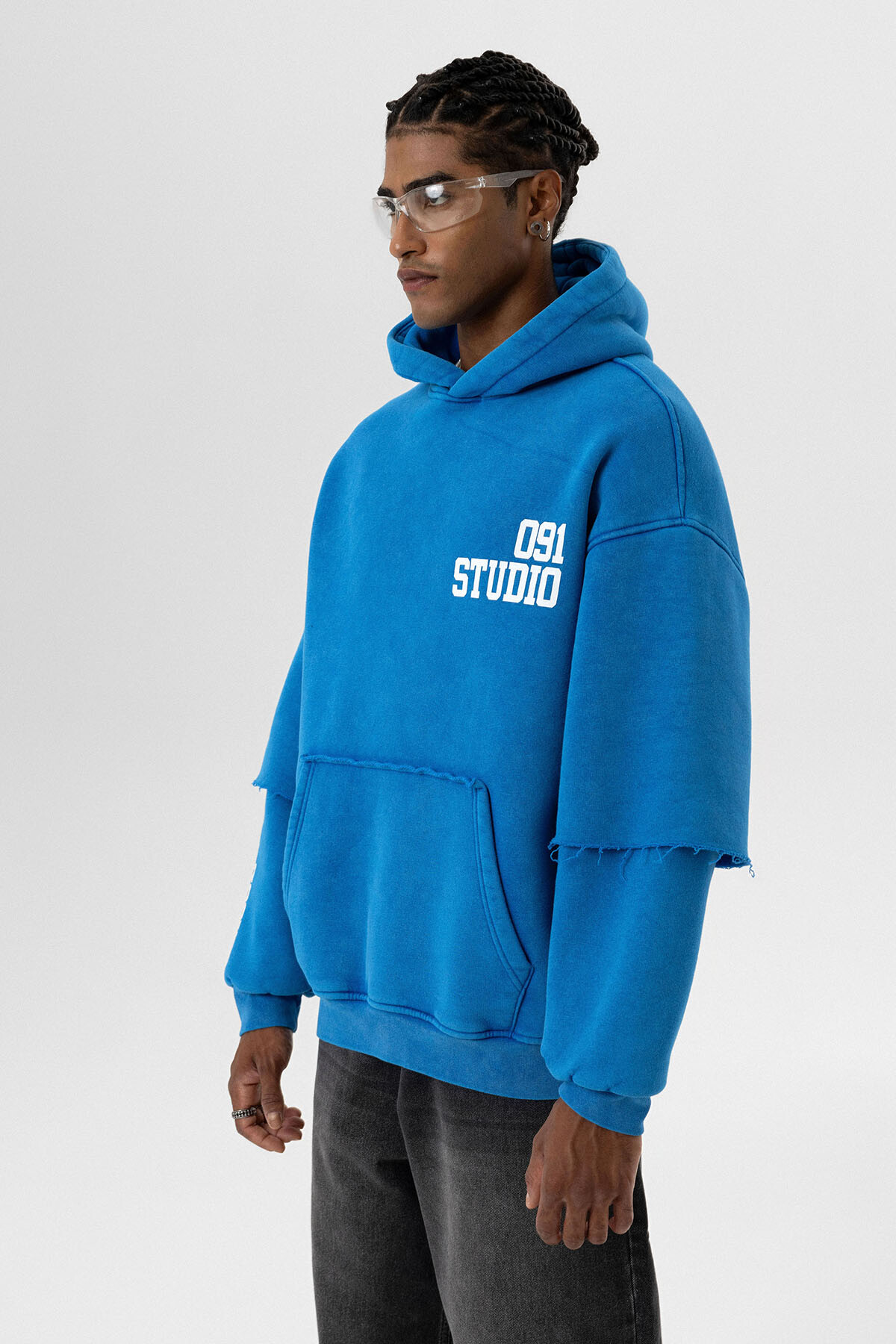 YIKAMALI ÇİFT KOL DETAYLI KAPÜŞONLU OVERSIZE SWEATSHIRT TURKUAZ