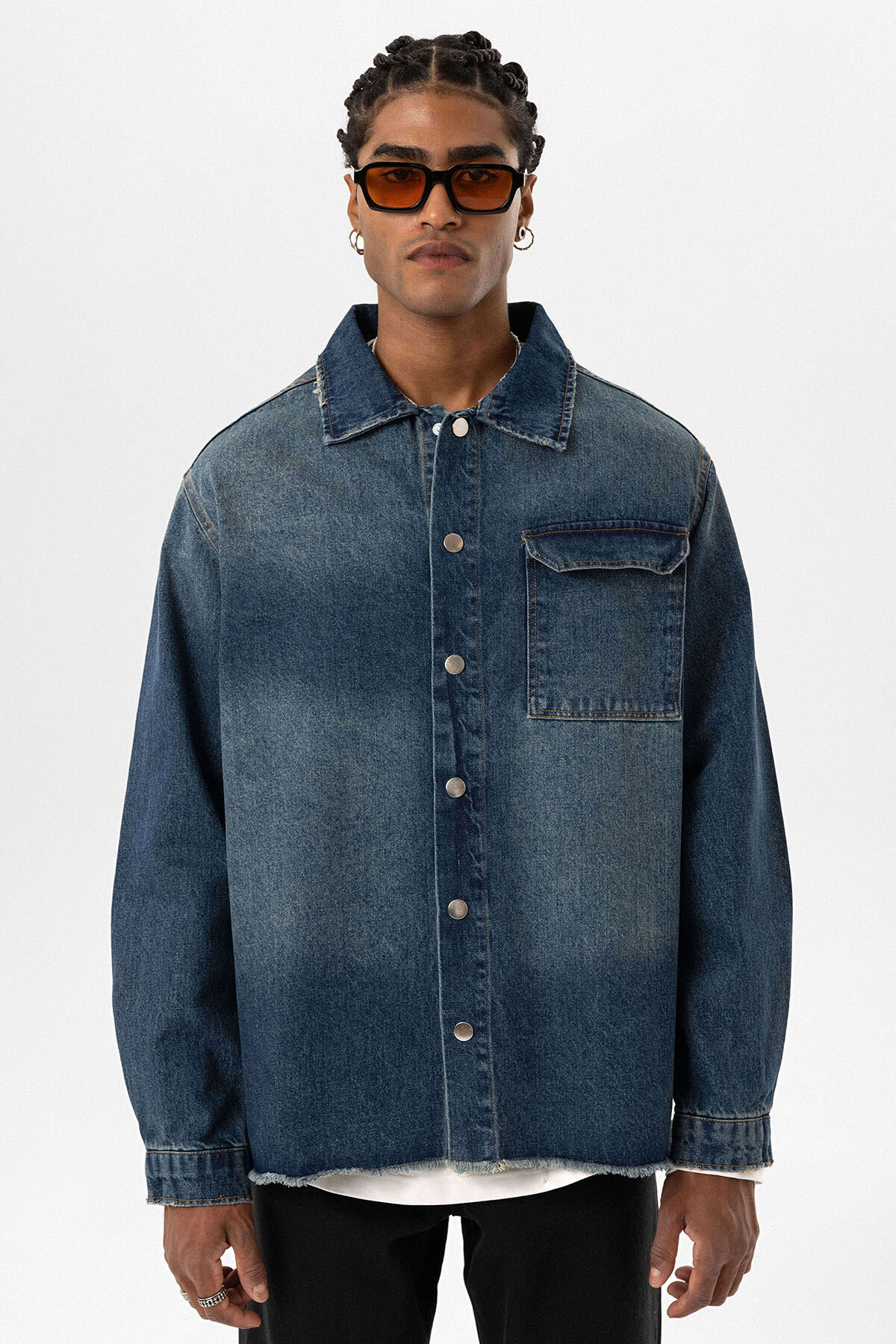 BASIC OVERSIZE TEK CEP DETAYLI DENIM CEKET KOYU MAVİ